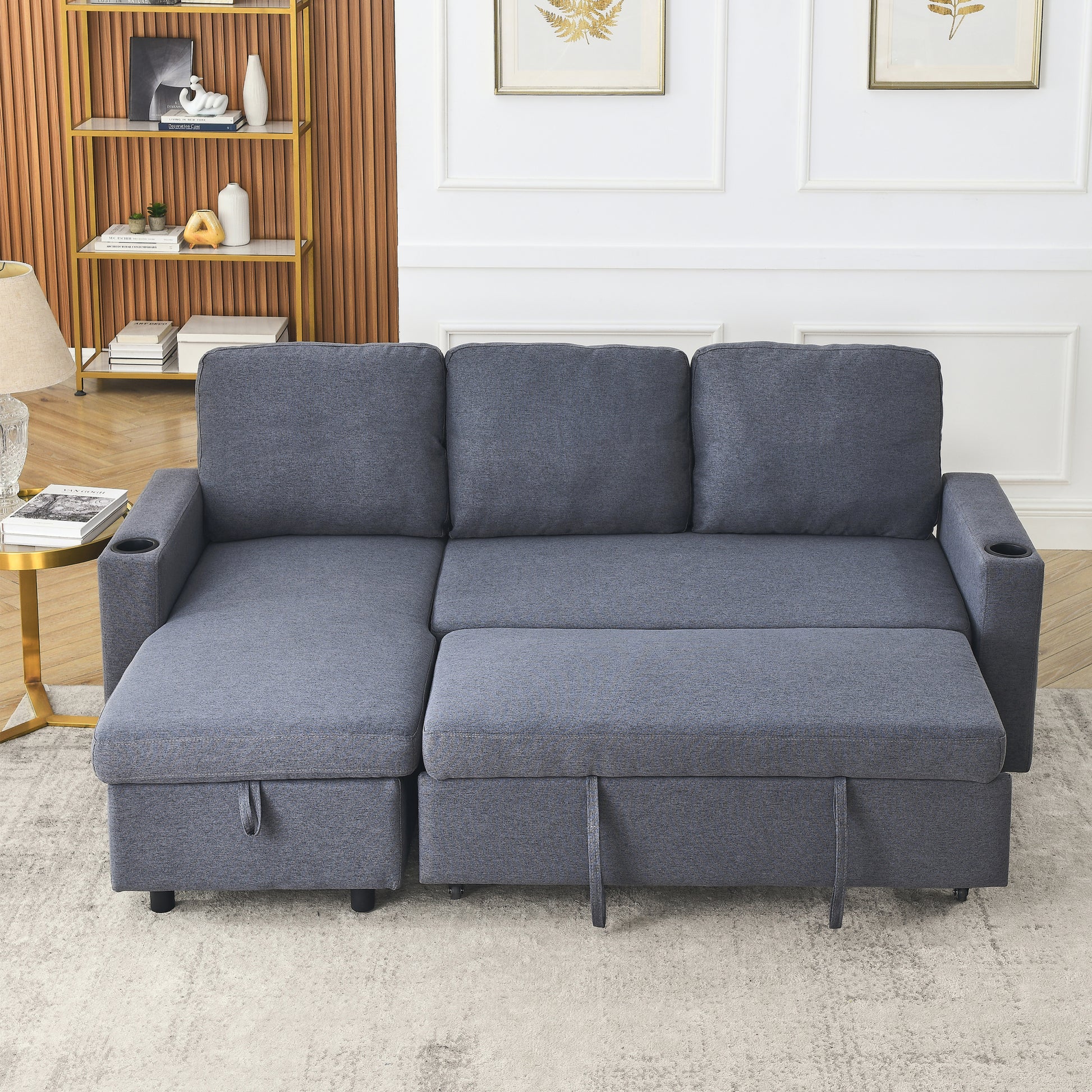Fx78.7"Comfortable Linen L Shaped Combo Sofa Sofa Bed, Living Room Furniture Sets For Tight Spaces, Reversible Sleeper Combo Sofa With Pullout Bed,Reversible Sofa Bed For Living Room, Office, Apartmen Dark Gray Linen Wood Primary Living Space Foam Fabric