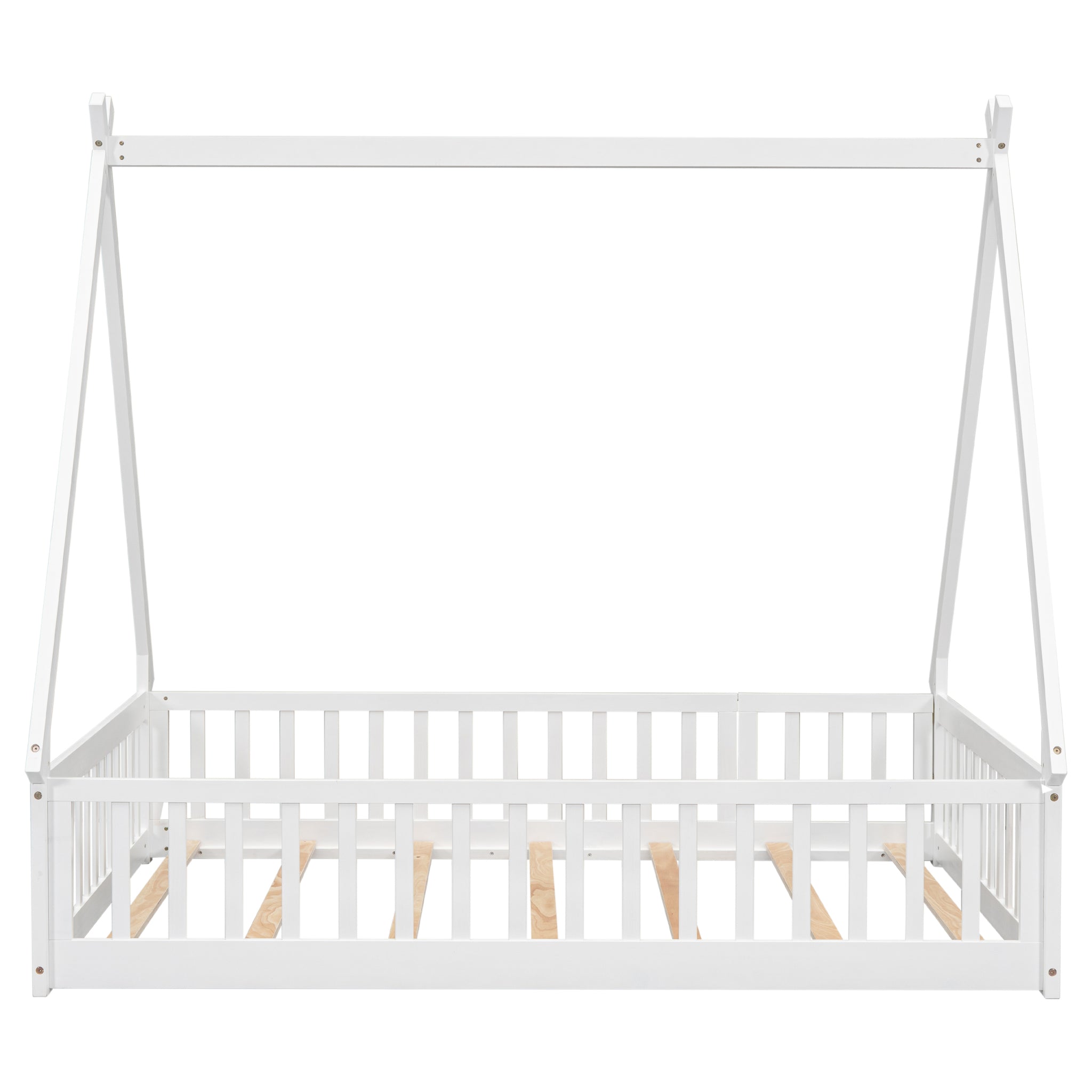 Full Tent Shaped Floor Bed, With Guardrails, Slats, Door ,White Full White Wood Bedroom American Design Pine Bed Frame Pine