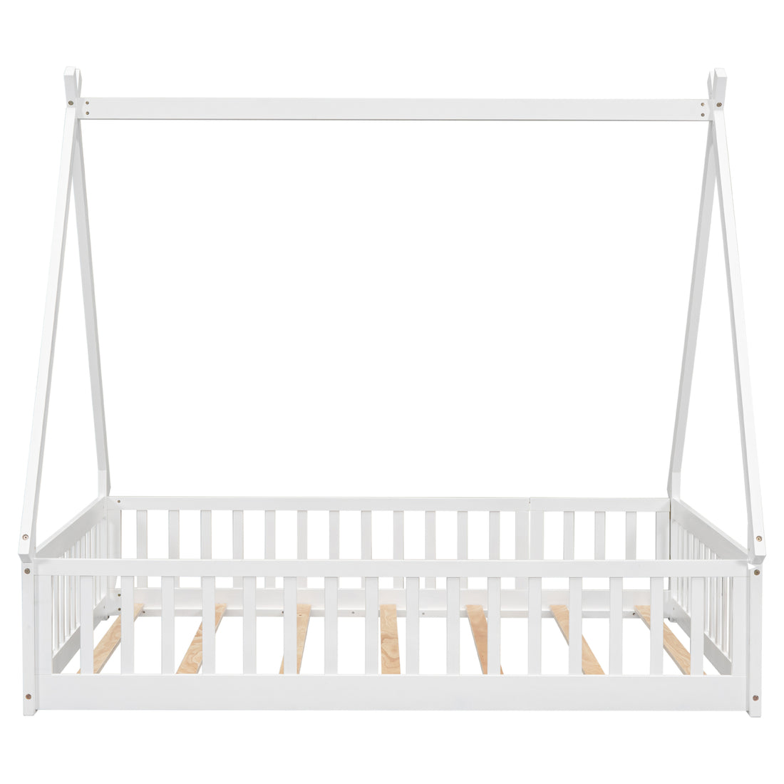 Full Tent Shaped Floor Bed, With Guardrails, Slats, Door ,White Full White Wood Bedroom American Design Pine Bed Frame Pine
