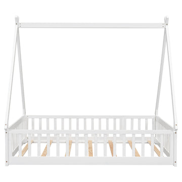 Full Tent Shaped Floor Bed, With Guardrails, Slats, Door ,White Full White Wood Bedroom American Design Pine Bed Frame Pine