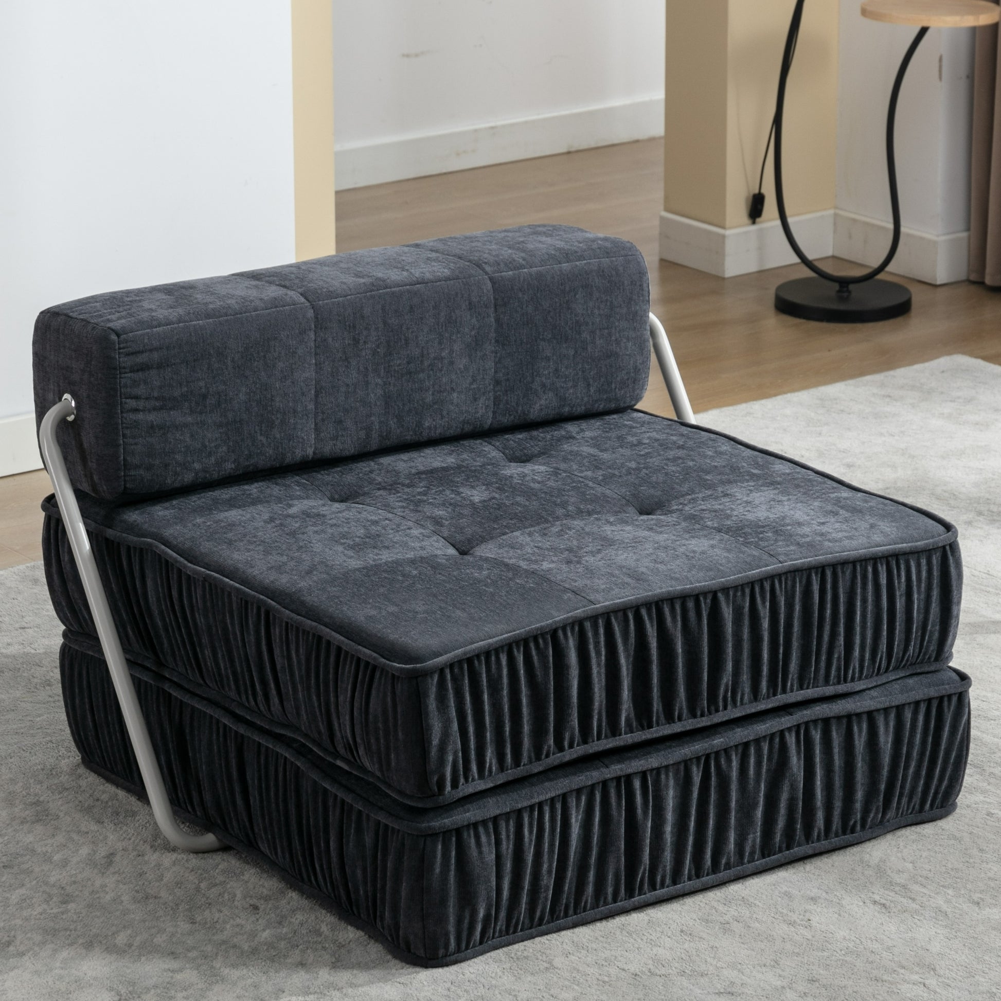 Folding Sofa Bed, Futon Sleeper Chair, Convertible Chair Floor Couch & Sleeping Mattress For Living Room, Guest Room, Home Office, Apartment, Small Space, Bed, Removable Back Cushion, Grey, 1 Seat Grey Chenille Primary Living Space Pillow Back Soft