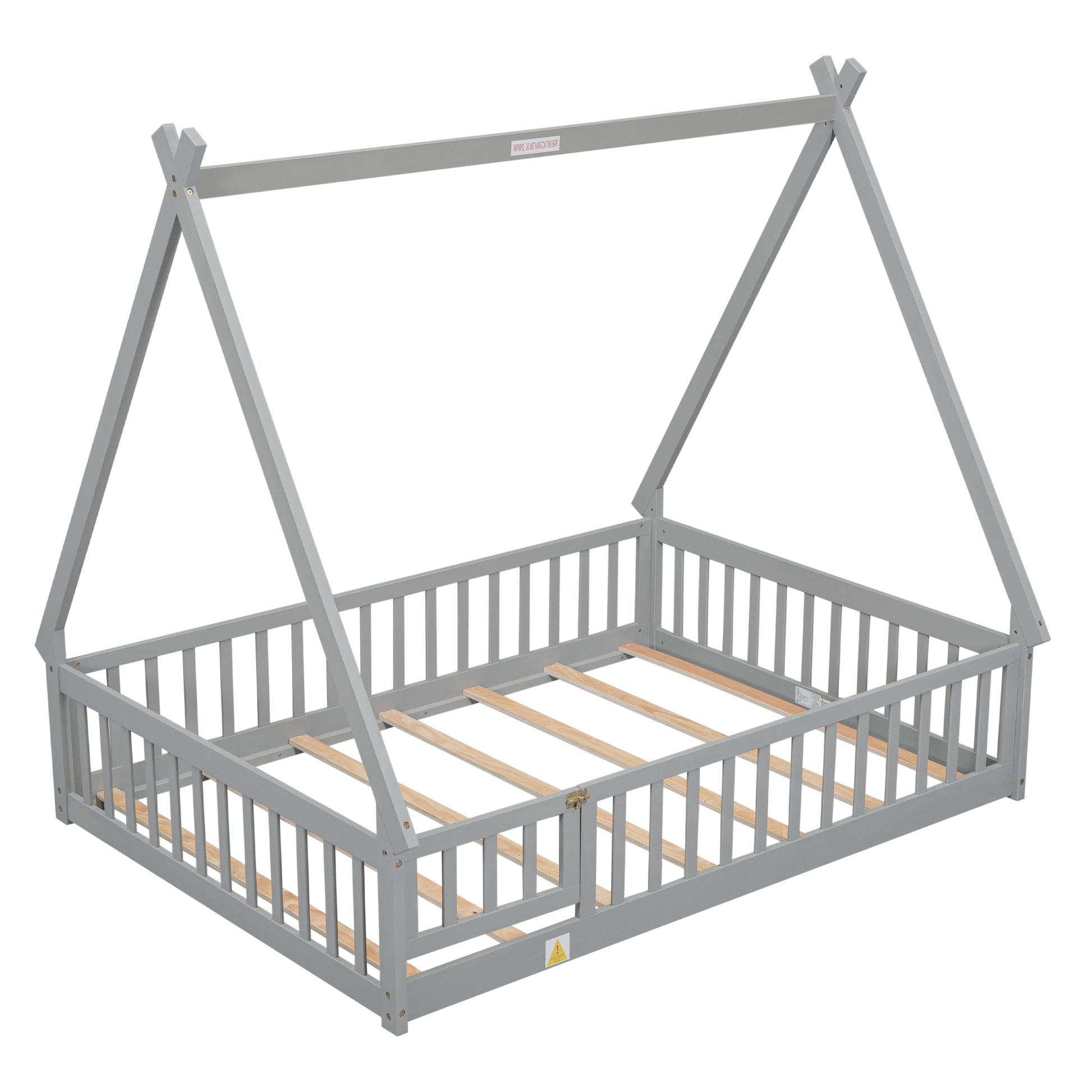 Full Tent Shaped Floor Bed, With Guardrails, Slats, Door ,Grey Full Grey Wood Bedroom American Design Pine Bed Frame Pine