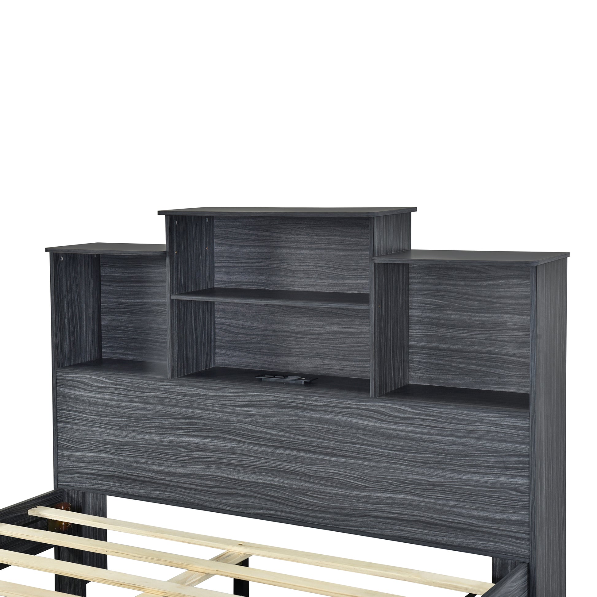 Full Size Storage Platform Bed Frame With 4 Open Storage Shelves And Usb Charging Design,Gray Full Gray Solid Wood Mdf