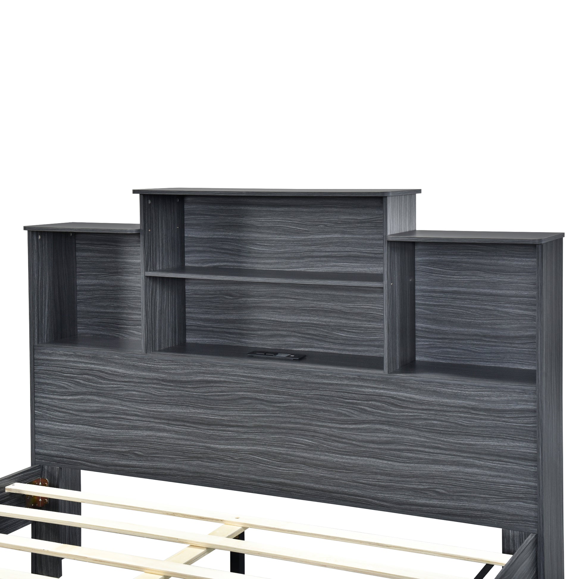 Queen Size Storage Platform Bed Frame With 4 Open Storage Shelves And Usb Charging Design,Gray Gray Solid Wood Mdf