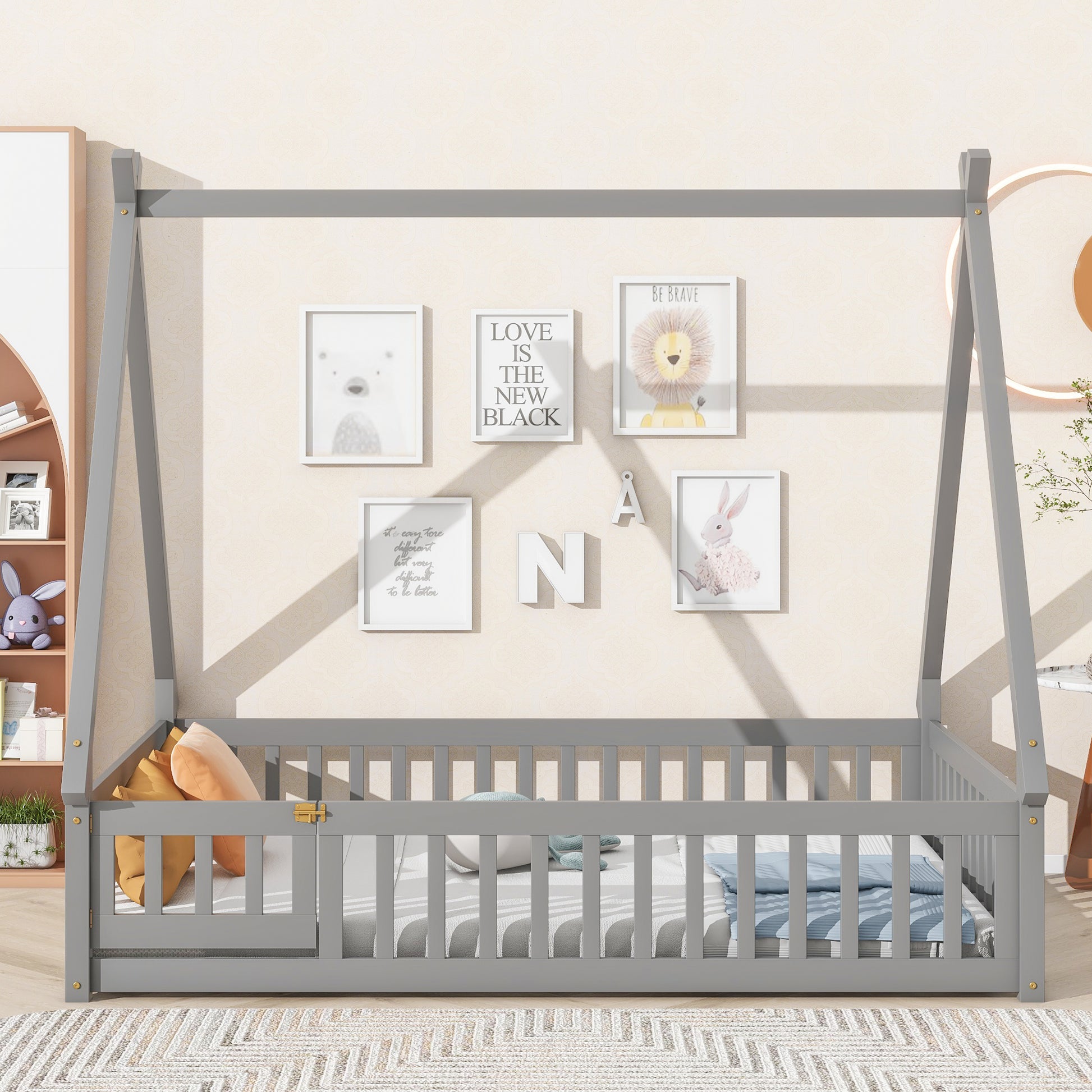 Full Tent Shaped Floor Bed, With Guardrails, Slats, Door ,Grey Full Grey Wood Bedroom American Design Pine Bed Frame Pine