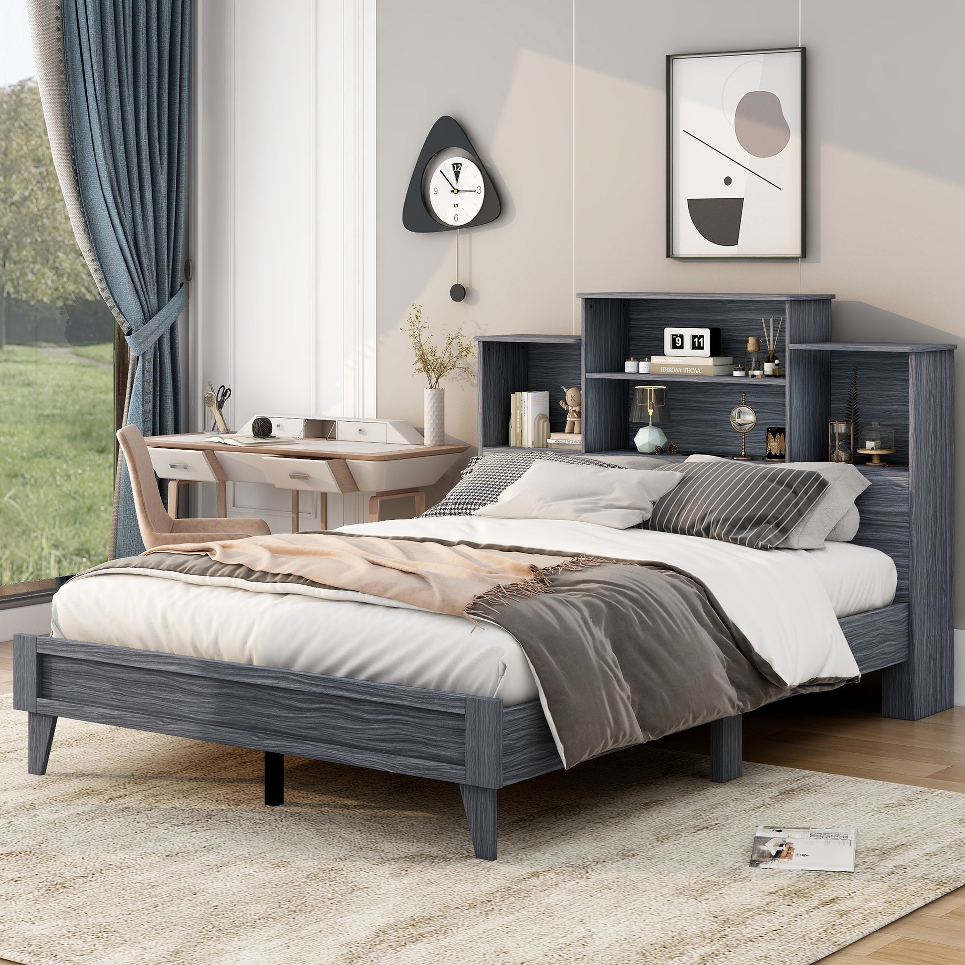 Queen Size Storage Platform Bed Frame With 4 Open Storage Shelves And Usb Charging Design,Gray Gray Solid Wood Mdf