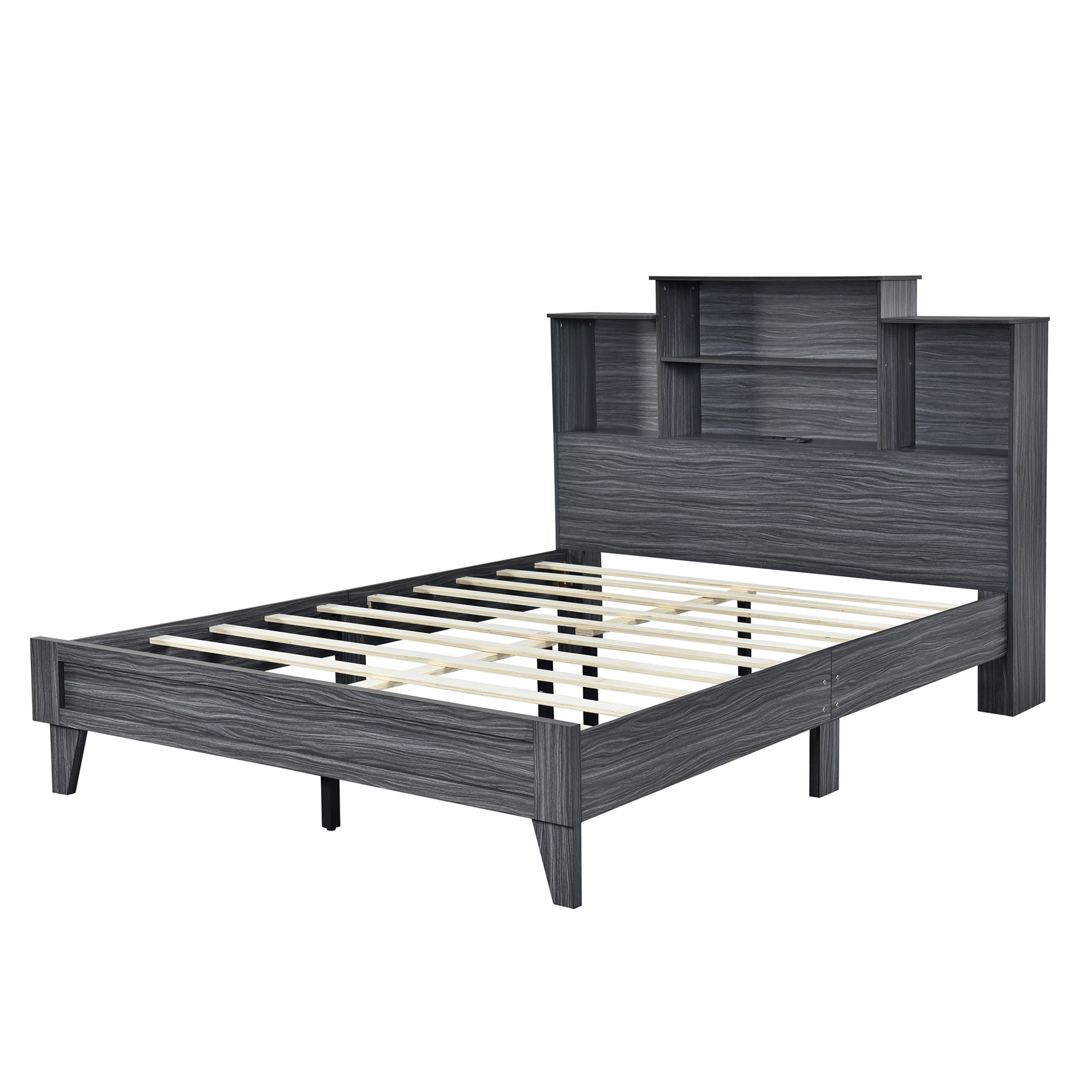 Queen Size Storage Platform Bed Frame With 4 Open Storage Shelves And Usb Charging Design,Gray Gray Solid Wood Mdf