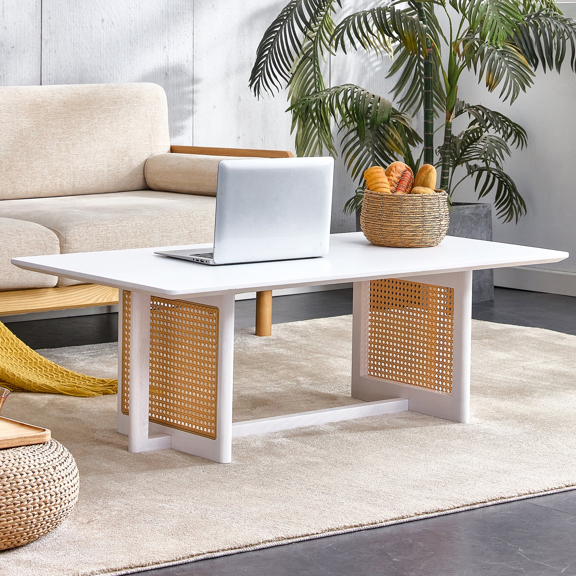 Chinese Style White Solid Wood And Imitation Rattan Coffee Table, Rectangular Solid Wood Coffee Low Table, Small Living Room Coffee Table White Solid Wood