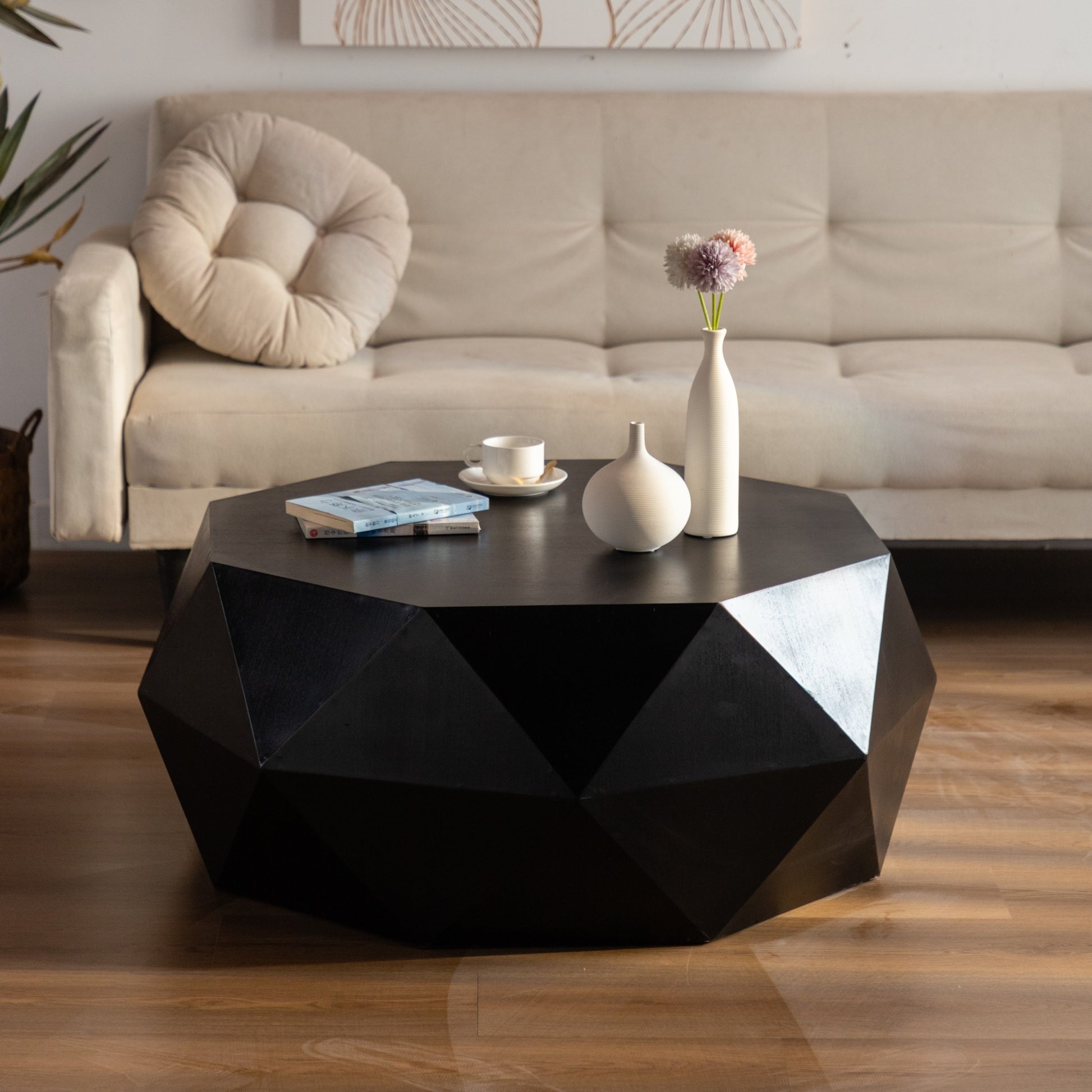38"Three Dimensional Embossed Pattern Design American Retro Style Coffee Table,Black Tabletop Black Mdf