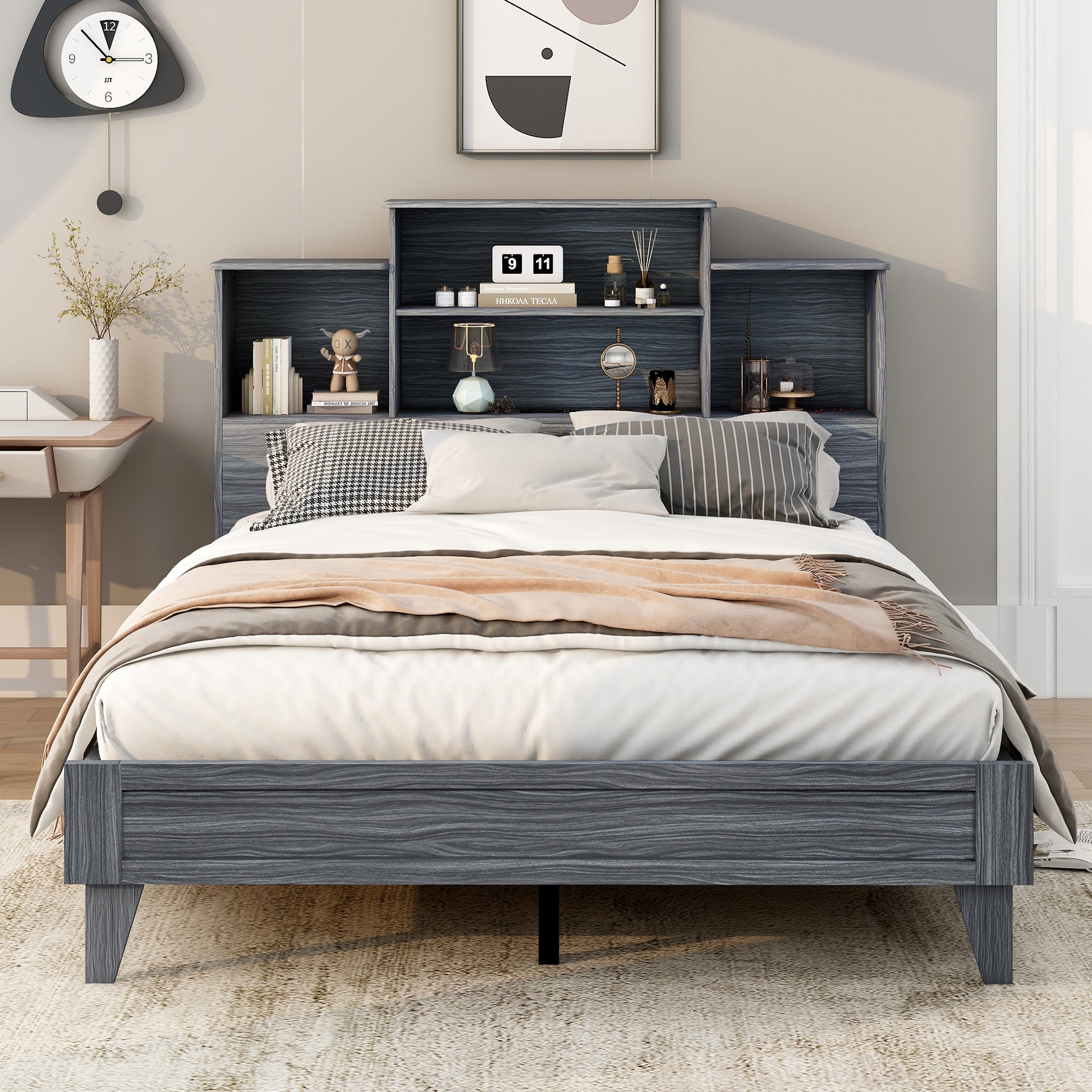 Queen Size Storage Platform Bed Frame With 4 Open Storage Shelves And Usb Charging Design,Gray Gray Solid Wood Mdf