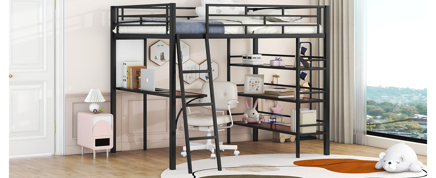 Full Size Loft Metal Bed With 3 Layers Of Shelves And Desk, Stylish Metal Frame Bed With Whiteboard, Black Black Metal