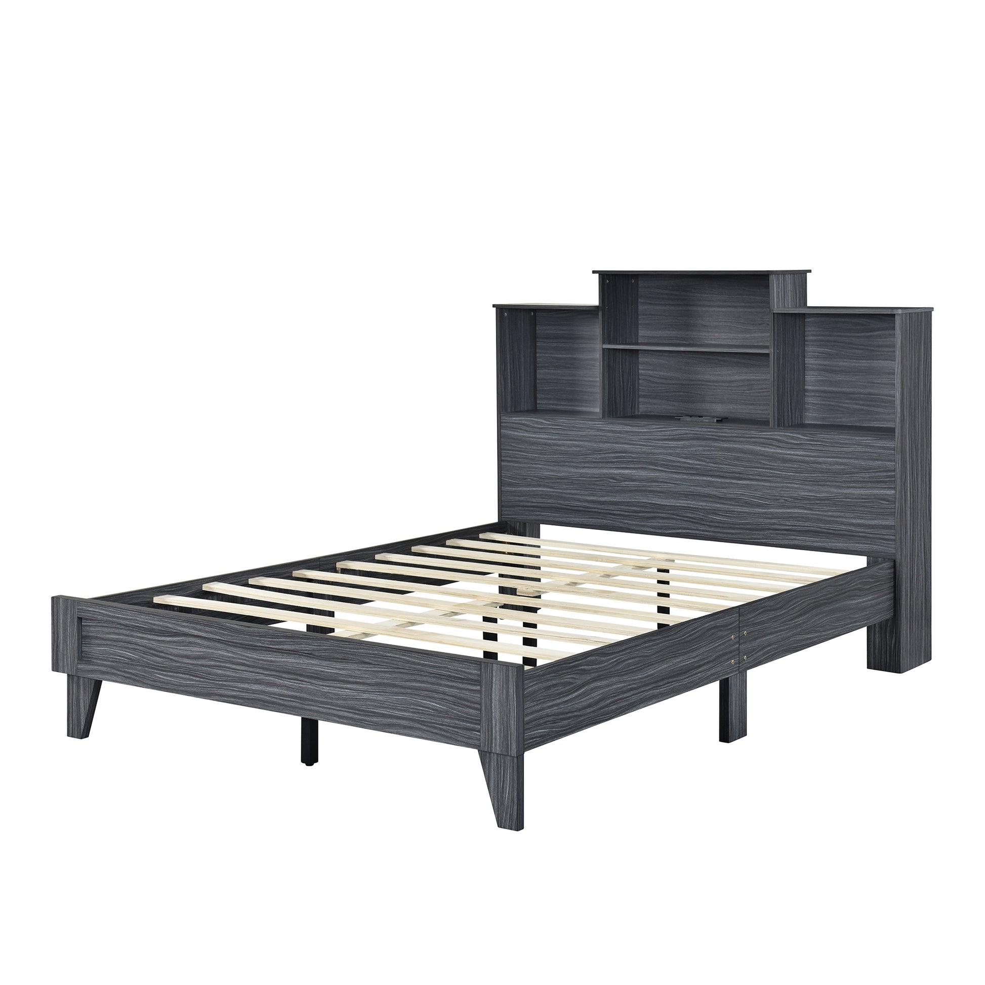 Full Size Storage Platform Bed Frame With 4 Open Storage Shelves And Usb Charging Design,Gray Full Gray Solid Wood Mdf