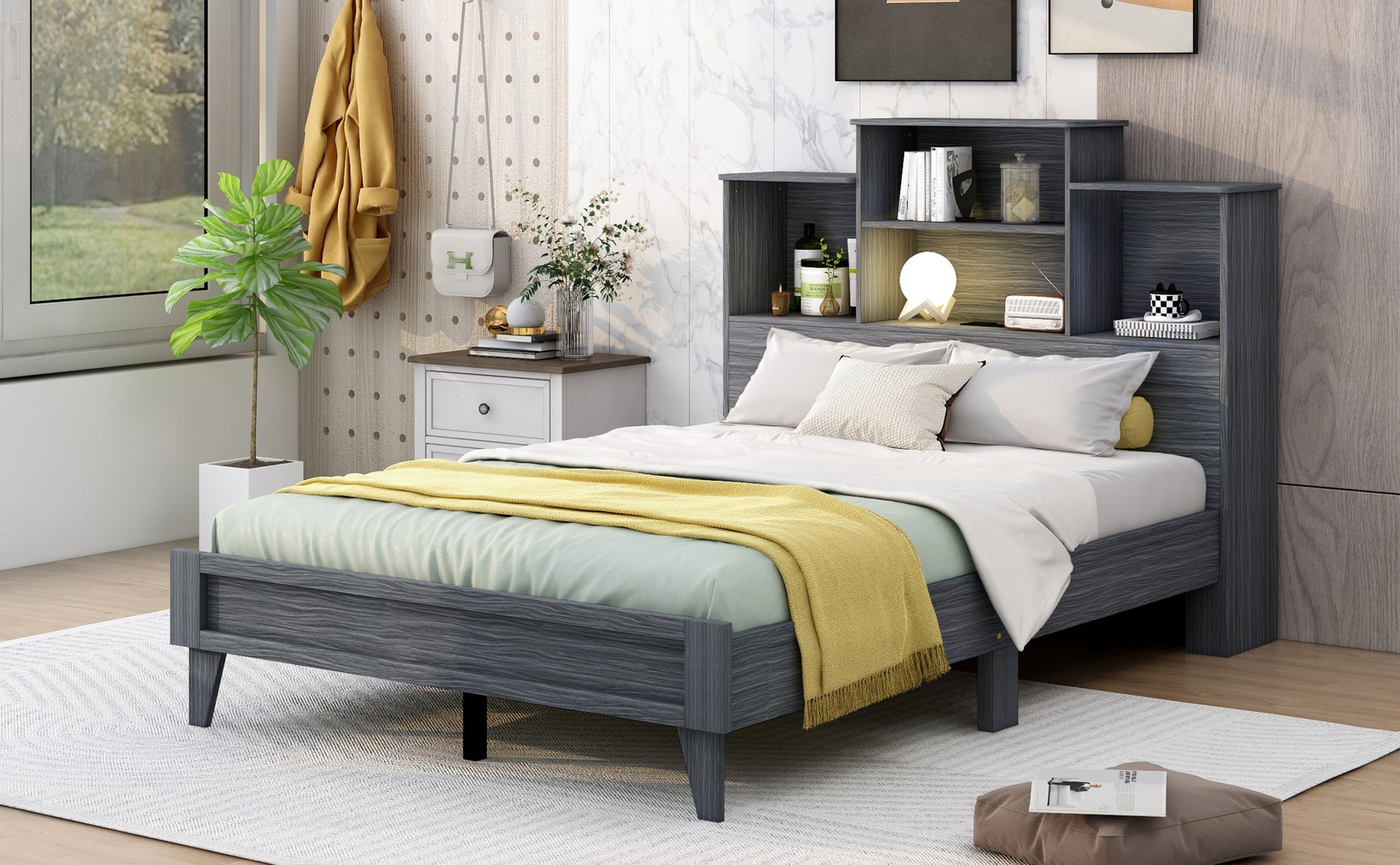 Full Size Storage Platform Bed Frame With 4 Open Storage Shelves And Usb Charging Design,Gray Full Gray Solid Wood Mdf