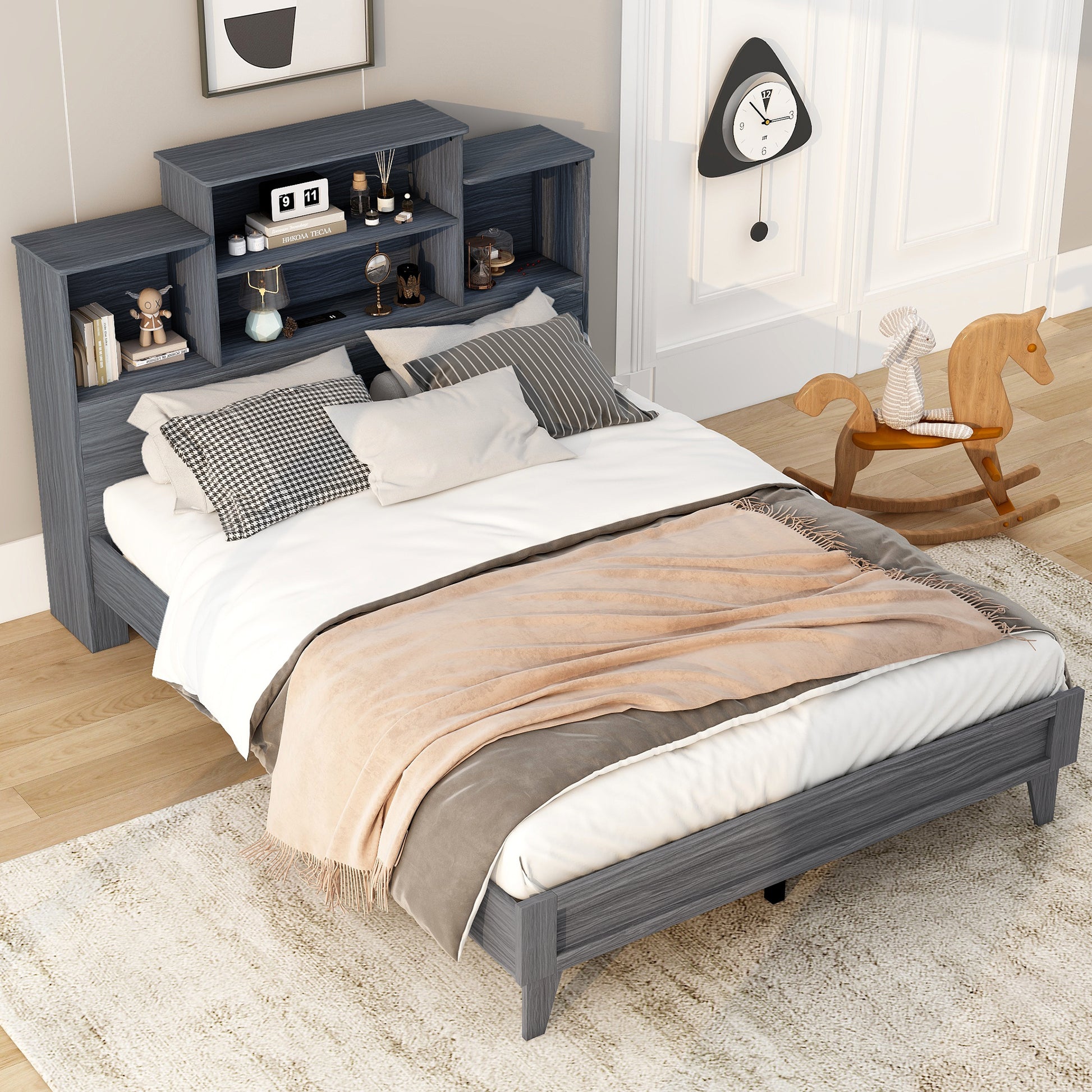 Queen Size Storage Platform Bed Frame With 4 Open Storage Shelves And Usb Charging Design,Gray Gray Solid Wood Mdf