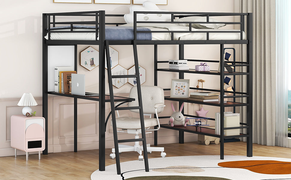 Full Size Loft Metal Bed With 3 Layers Of Shelves And Desk, Stylish Metal Frame Bed With Whiteboard, Black Black Metal