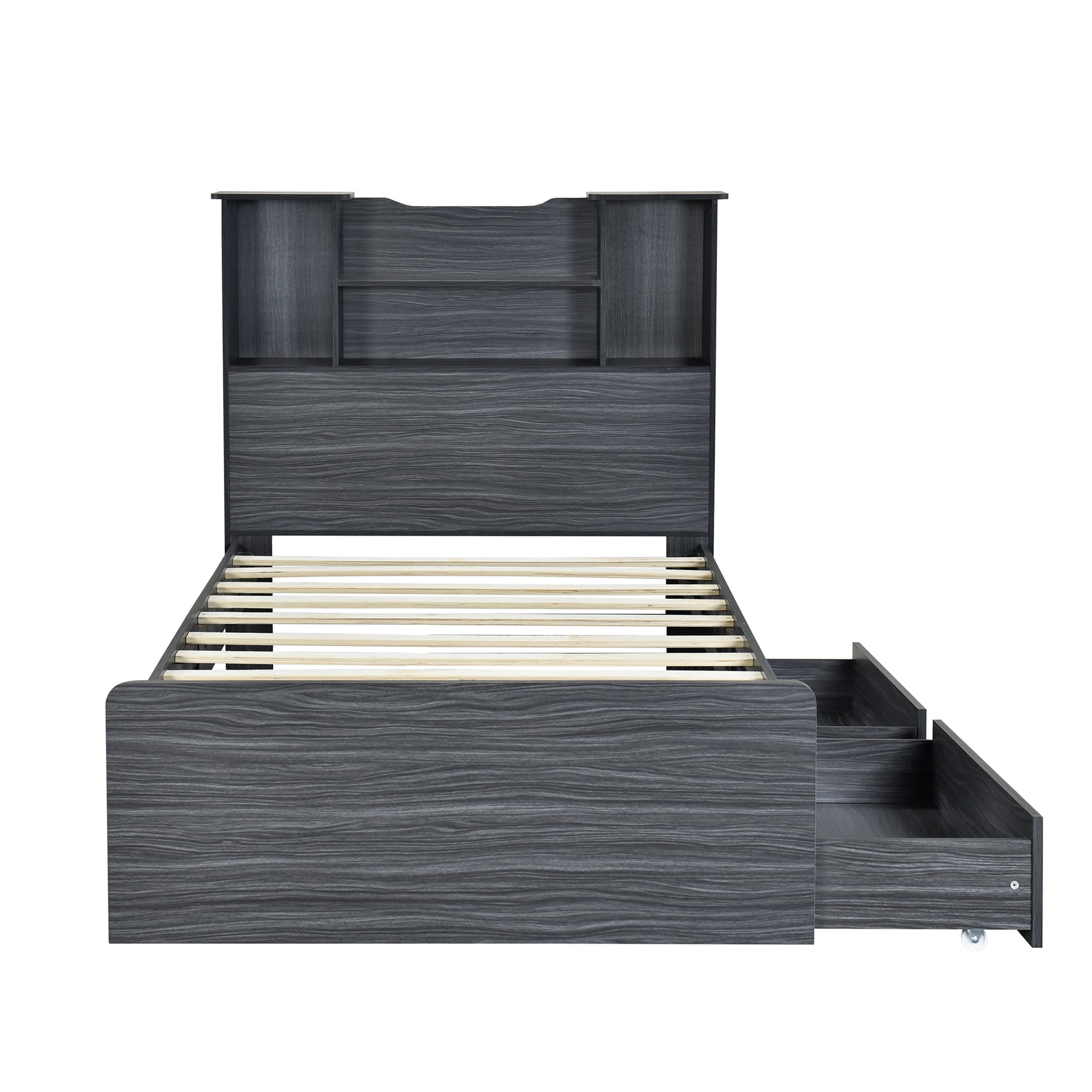 Twin Size Storage Platform Bed Frame With 4 Open Storage Shelves And 2 Storage Drawers,Led Light,Gray Gray Solid Wood Mdf