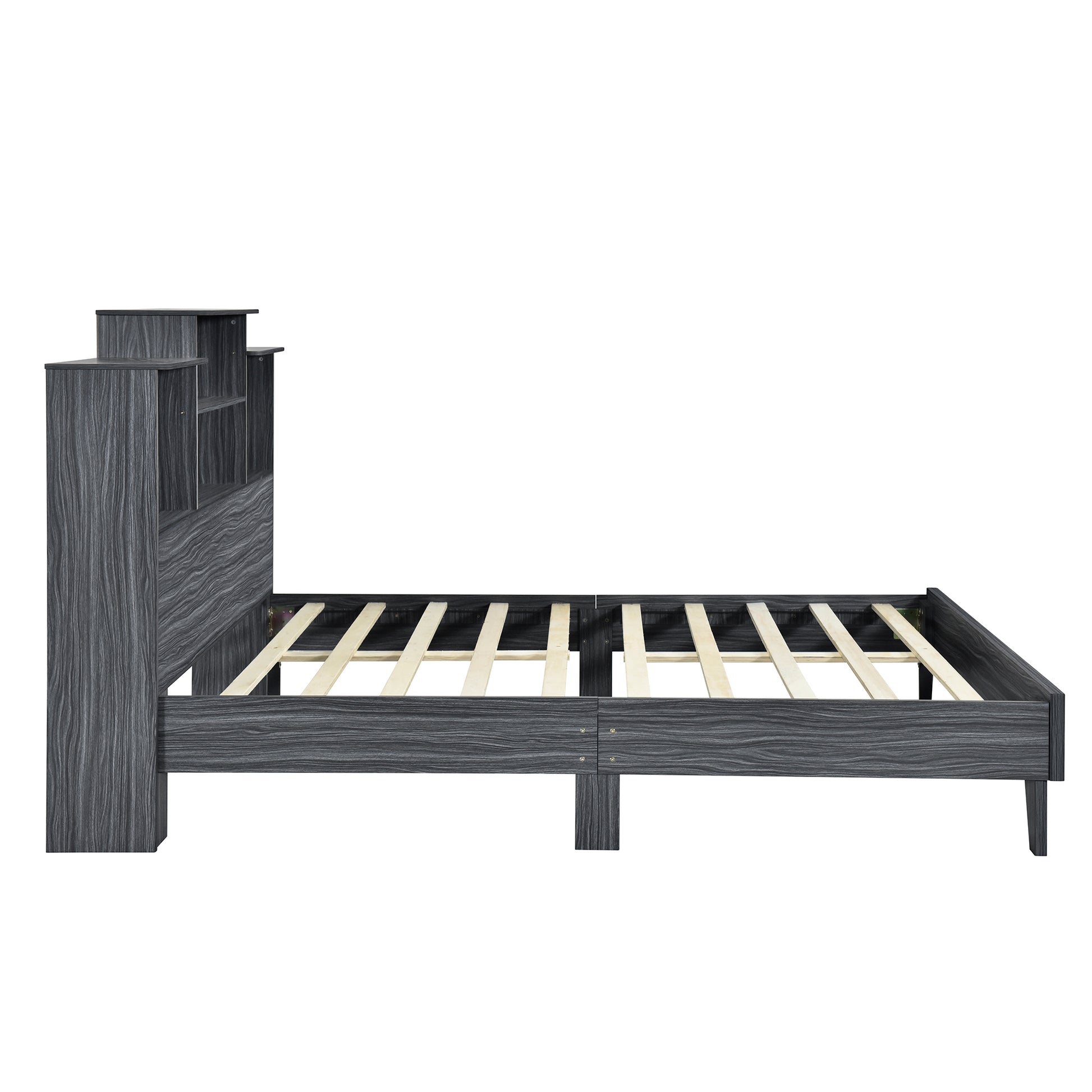 Full Size Storage Platform Bed Frame With 4 Open Storage Shelves And Usb Charging Design,Gray Full Gray Solid Wood Mdf