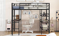 Full Size Loft Metal Bed With 3 Layers Of Shelves And Desk, Stylish Metal Frame Bed With Whiteboard, Black Black Metal