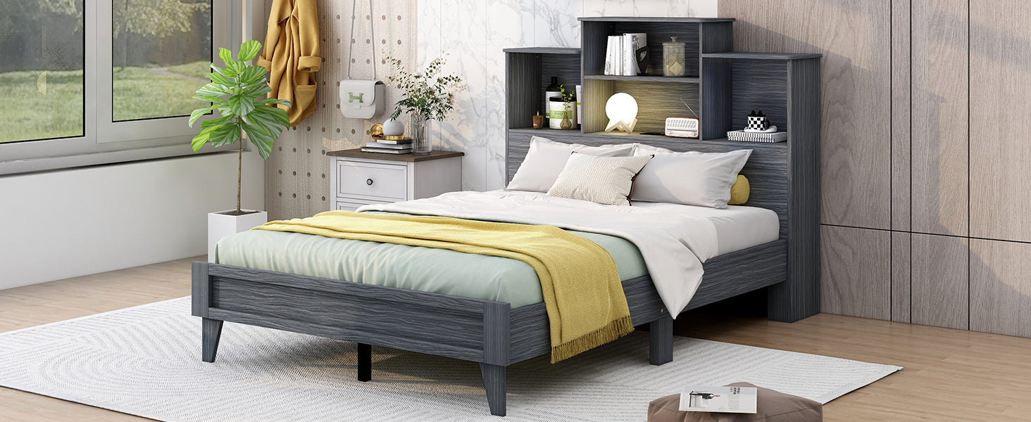 Full Size Storage Platform Bed Frame With 4 Open Storage Shelves And Usb Charging Design,Gray Full Gray Solid Wood Mdf