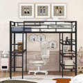 Full Size Loft Metal Bed With 3 Layers Of Shelves And Desk, Stylish Metal Frame Bed With Whiteboard, Black Black Metal