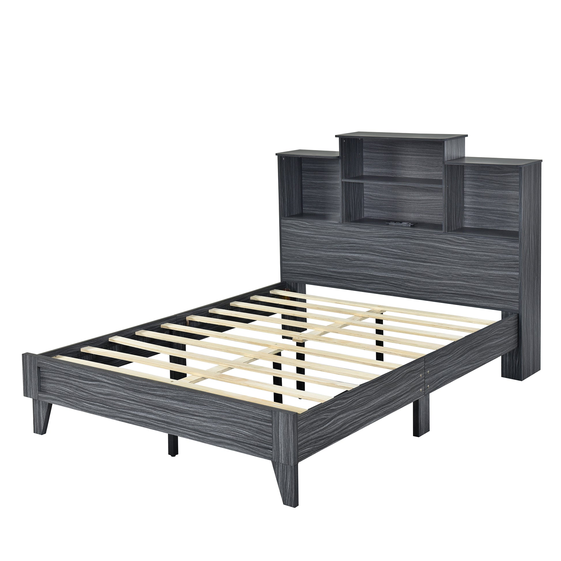Full Size Storage Platform Bed Frame With 4 Open Storage Shelves And Usb Charging Design,Gray Full Gray Solid Wood Mdf