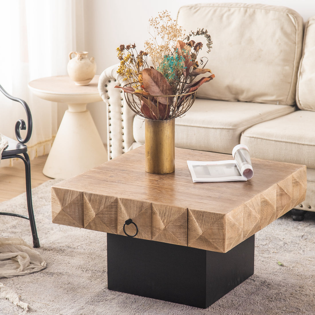 32.28"Three Dimensional Embossed Pattern Square Retro Coffee Table With 2 Drawers And Mdf Base Natural Solid Wood Mdf