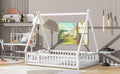 Full Tent Shaped Floor Bed, With Guardrails, Slats, Door ,White Full White Wood Bedroom American Design Pine Bed Frame Pine