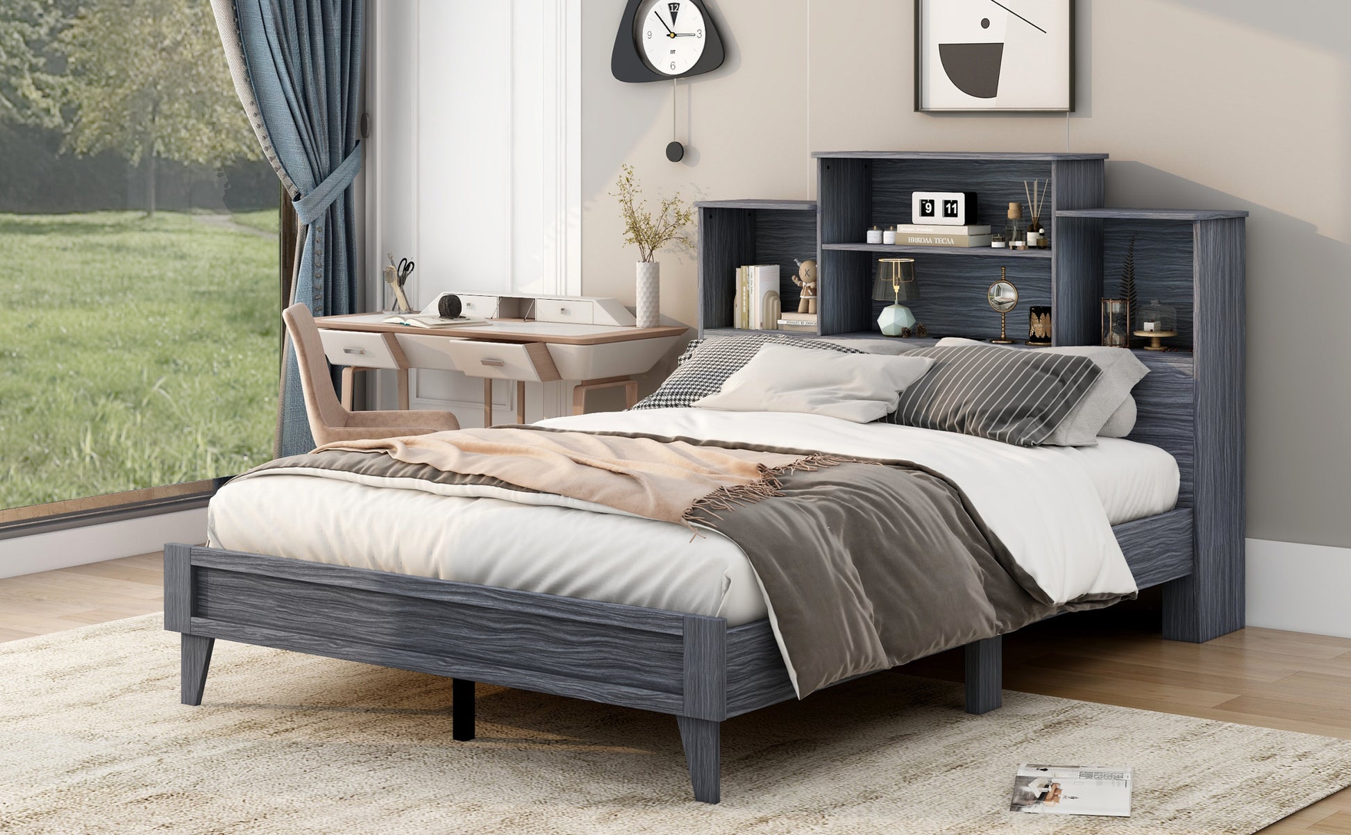 Queen Size Storage Platform Bed Frame With 4 Open Storage Shelves And Usb Charging Design,Gray Gray Solid Wood Mdf