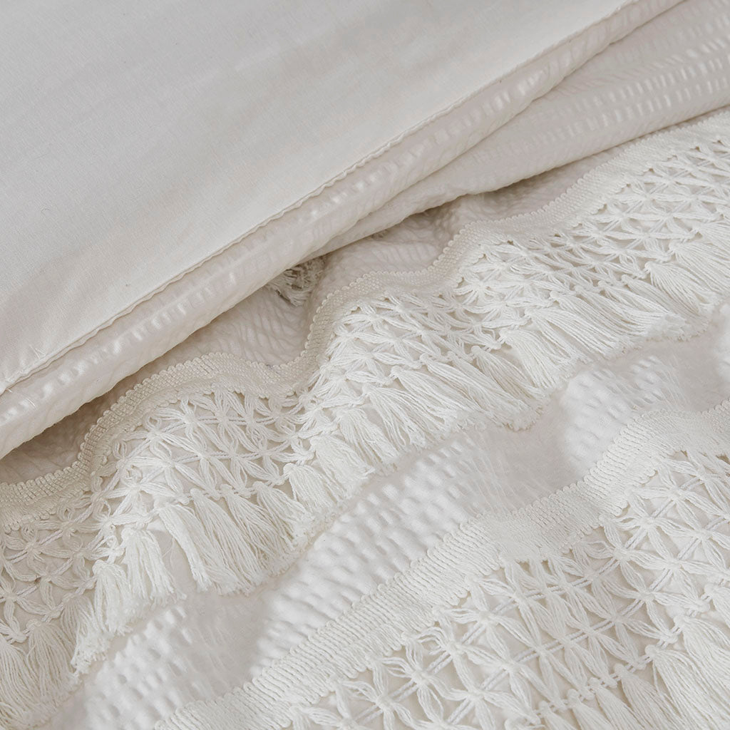 3 Piece Cotton Seersucker Comforter Set Ivory Cotton