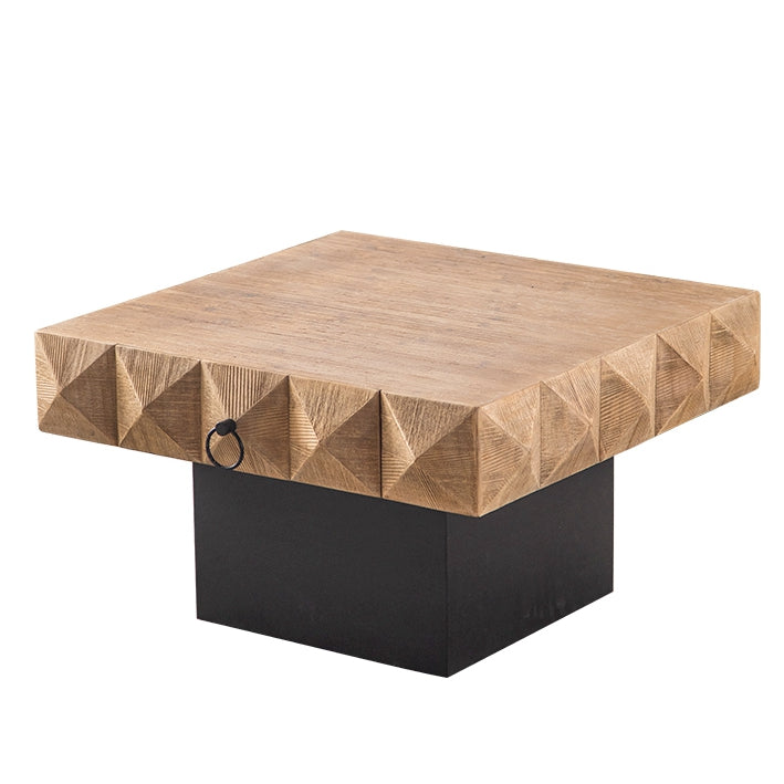 32.28"Three Dimensional Embossed Pattern Square Retro Coffee Table With 2 Drawers And Mdf Base Natural Solid Wood Mdf