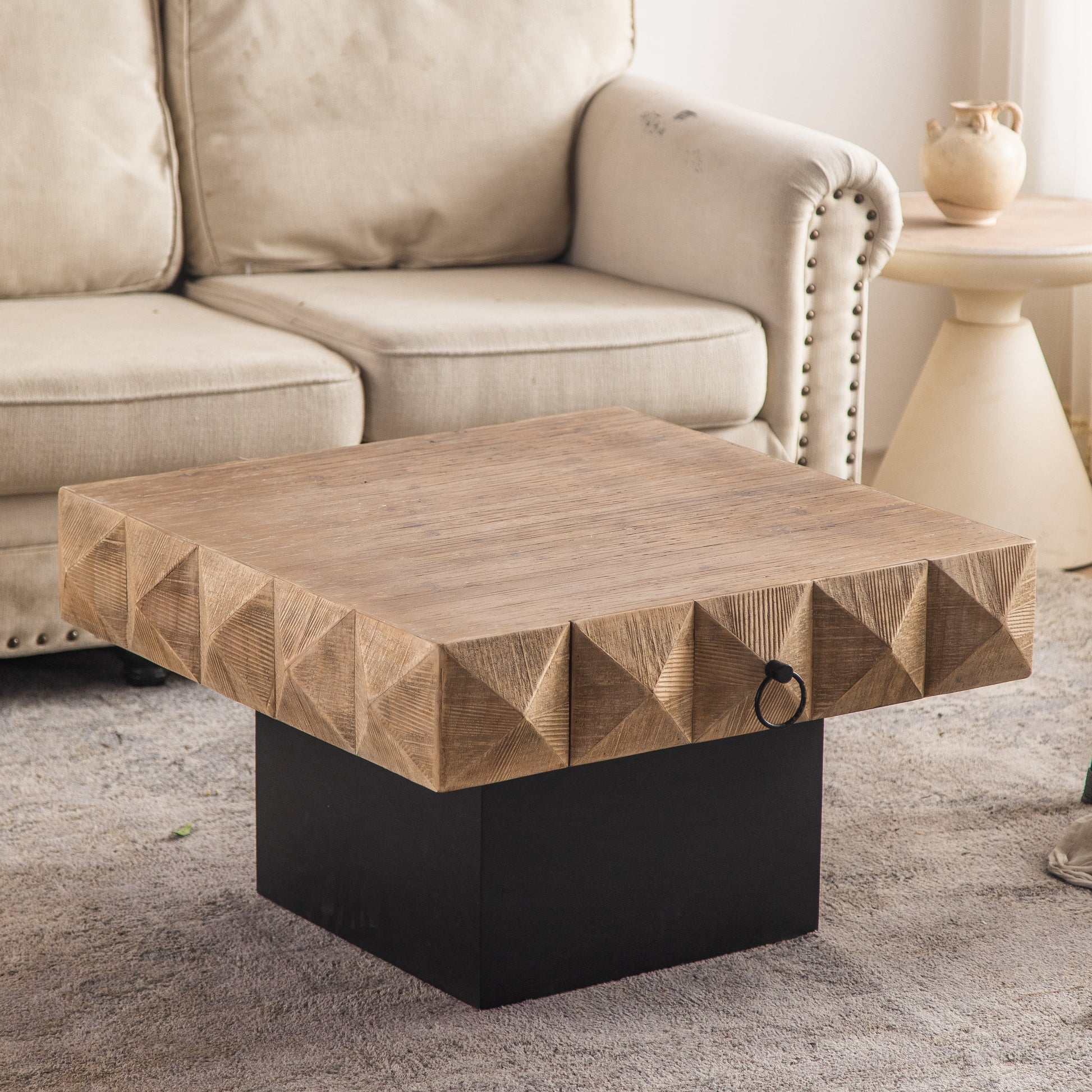 32.28"Three Dimensional Embossed Pattern Square Retro Coffee Table With 2 Drawers And Mdf Base Natural Solid Wood Mdf