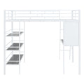 Full Size Loft Metal Bed With 3 Layers Of Shelves And Desk, Stylish Metal Frame Bed With Whiteboard, White White Metal