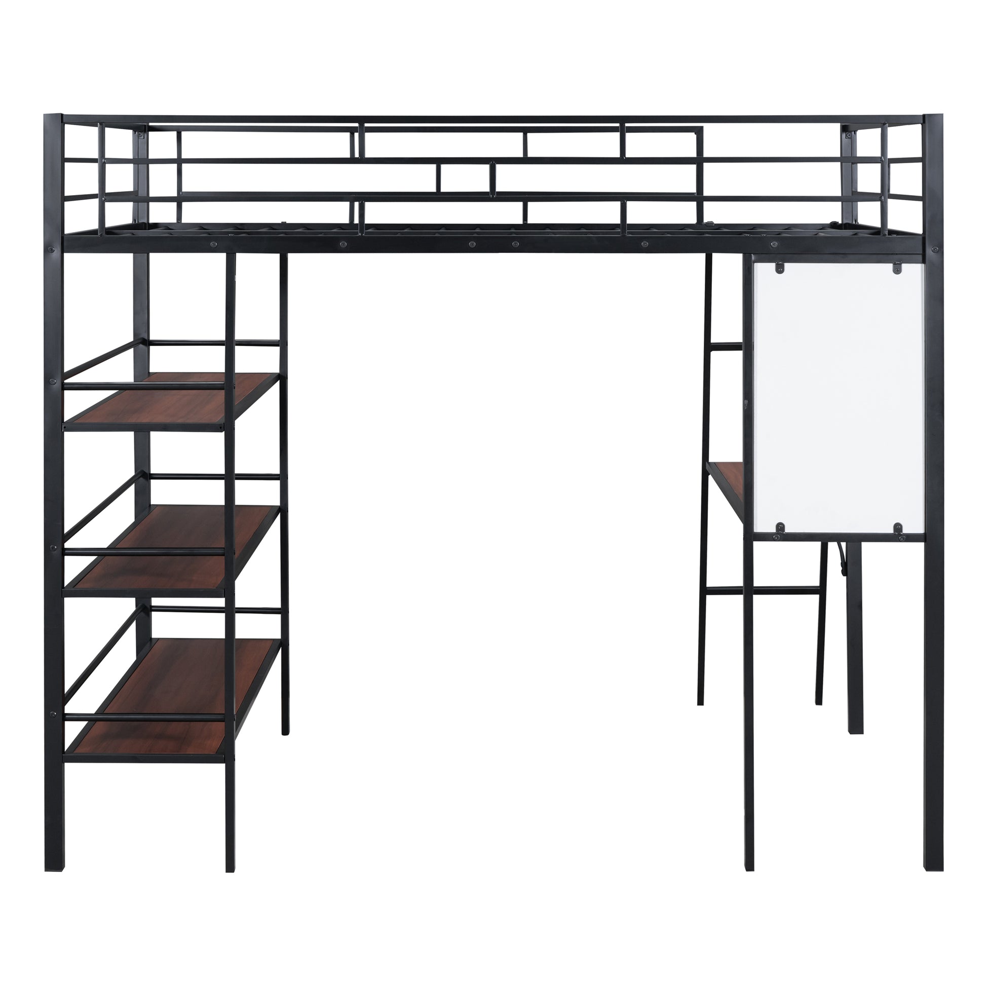 Full Size Loft Metal Bed With 3 Layers Of Shelves And Desk, Stylish Metal Frame Bed With Whiteboard, Black Black Metal