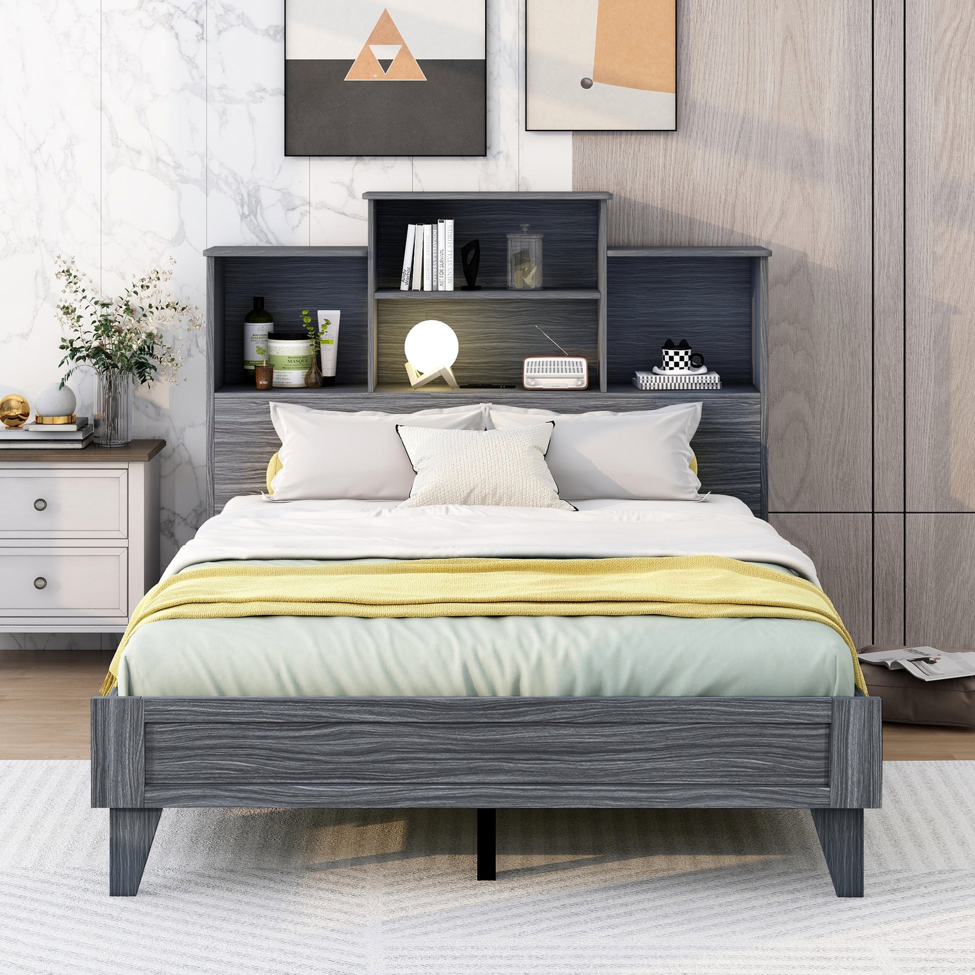 Full Size Storage Platform Bed Frame With 4 Open Storage Shelves And Usb Charging Design,Gray Full Gray Solid Wood Mdf