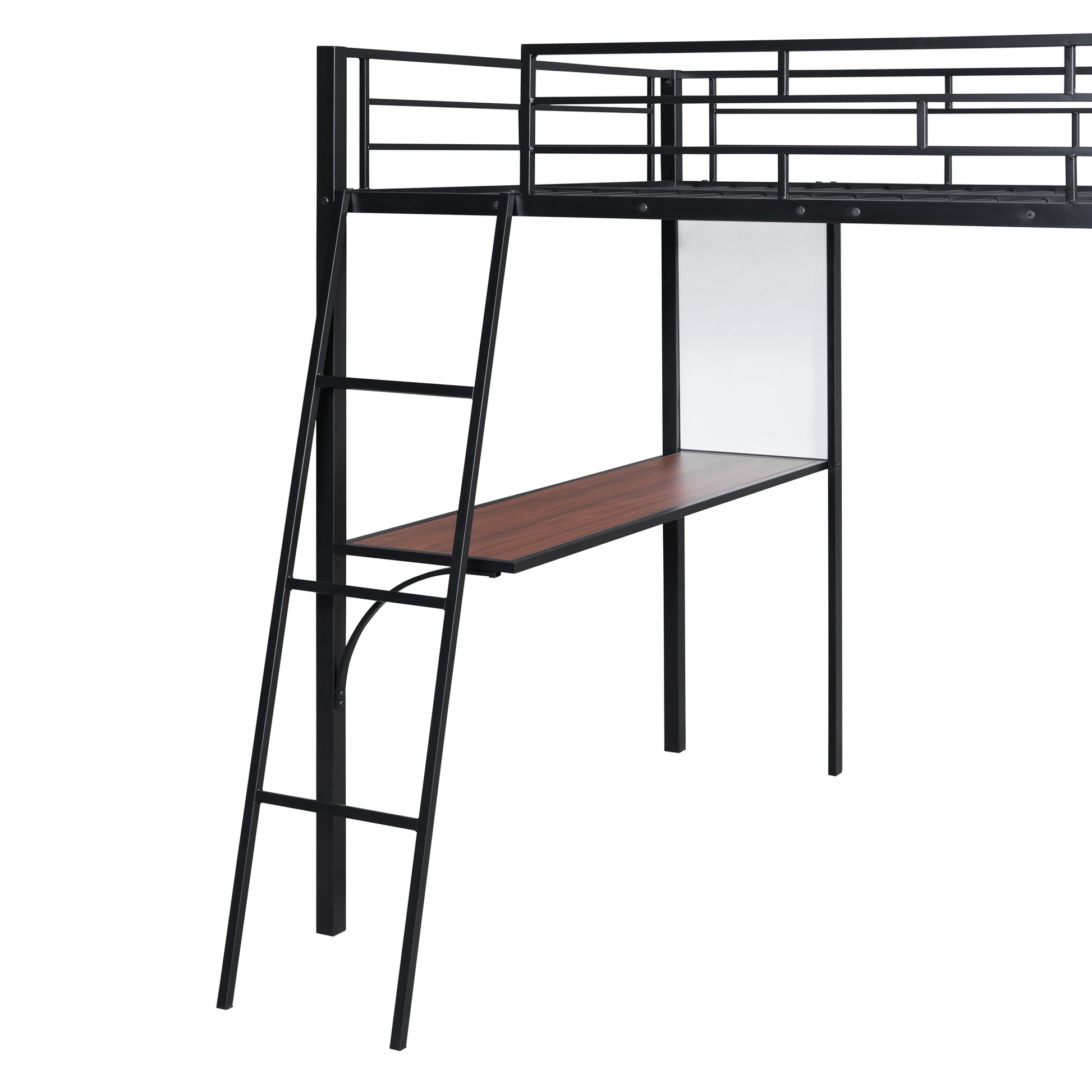 Full Size Loft Metal Bed With 3 Layers Of Shelves And Desk, Stylish Metal Frame Bed With Whiteboard, Black Black Metal