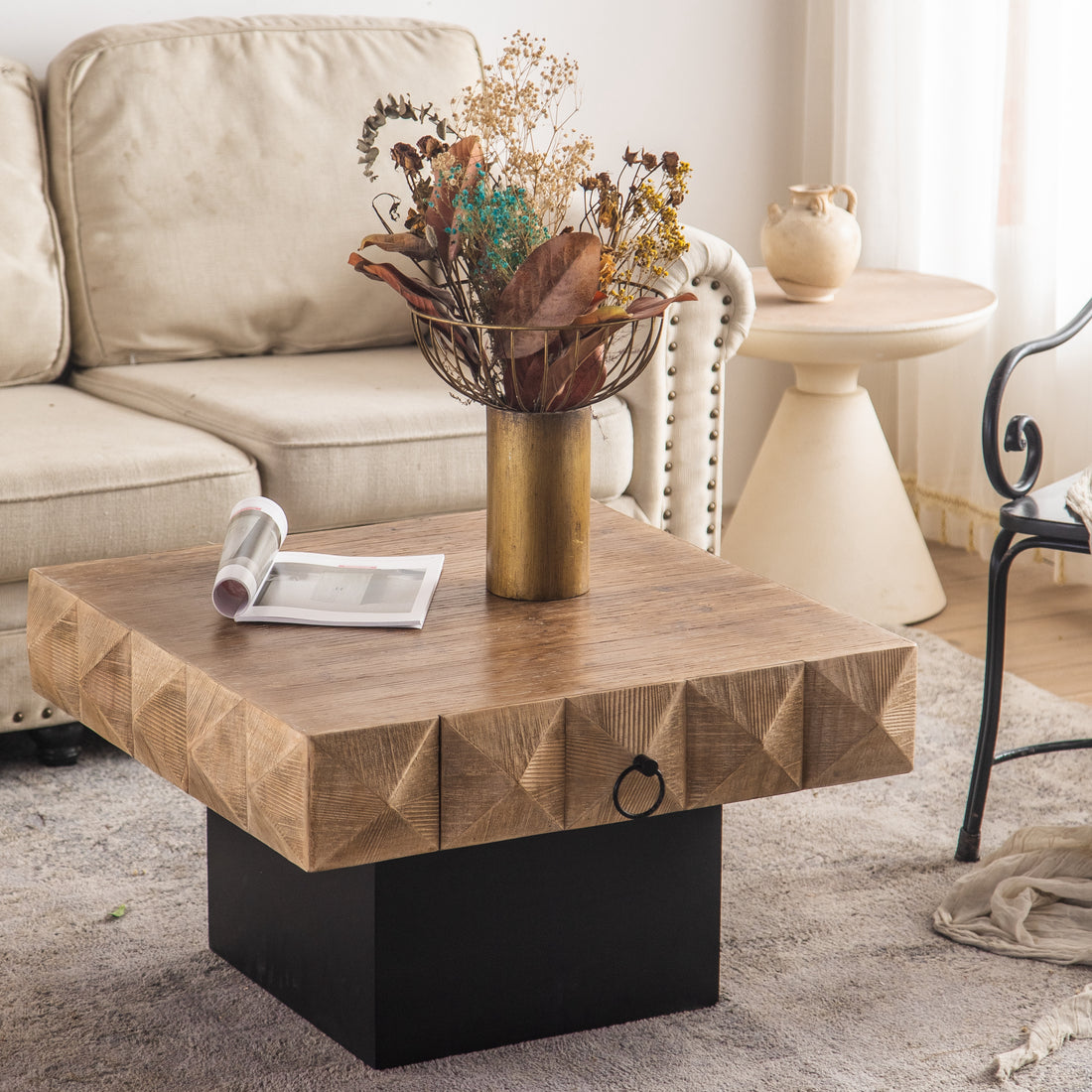 32.28"Three Dimensional Embossed Pattern Square Retro Coffee Table With 2 Drawers And Mdf Base Natural Solid Wood Mdf