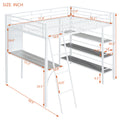 Full Size Loft Metal Bed With 3 Layers Of Shelves And Desk, Stylish Metal Frame Bed With Whiteboard, White White Metal