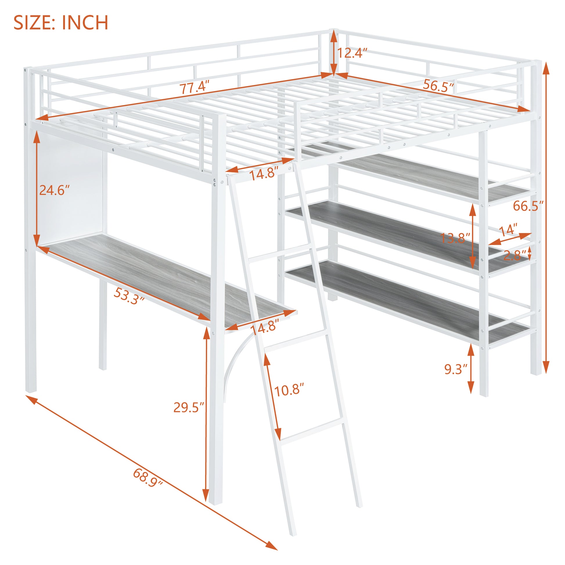 Full Size Loft Metal Bed With 3 Layers Of Shelves And Desk, Stylish Metal Frame Bed With Whiteboard, White White Metal