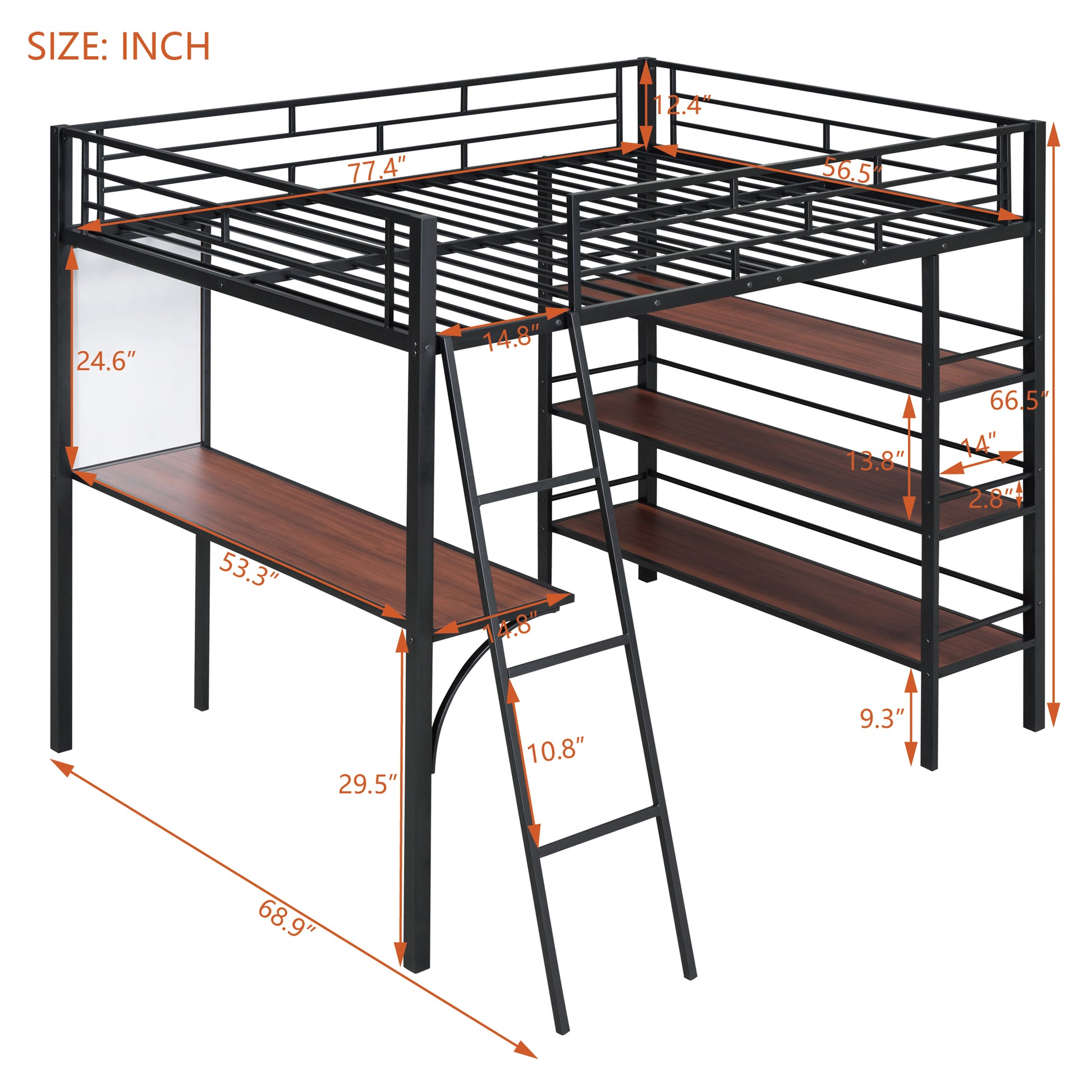 Full Size Loft Metal Bed With 3 Layers Of Shelves And Desk, Stylish Metal Frame Bed With Whiteboard, Black Black Metal
