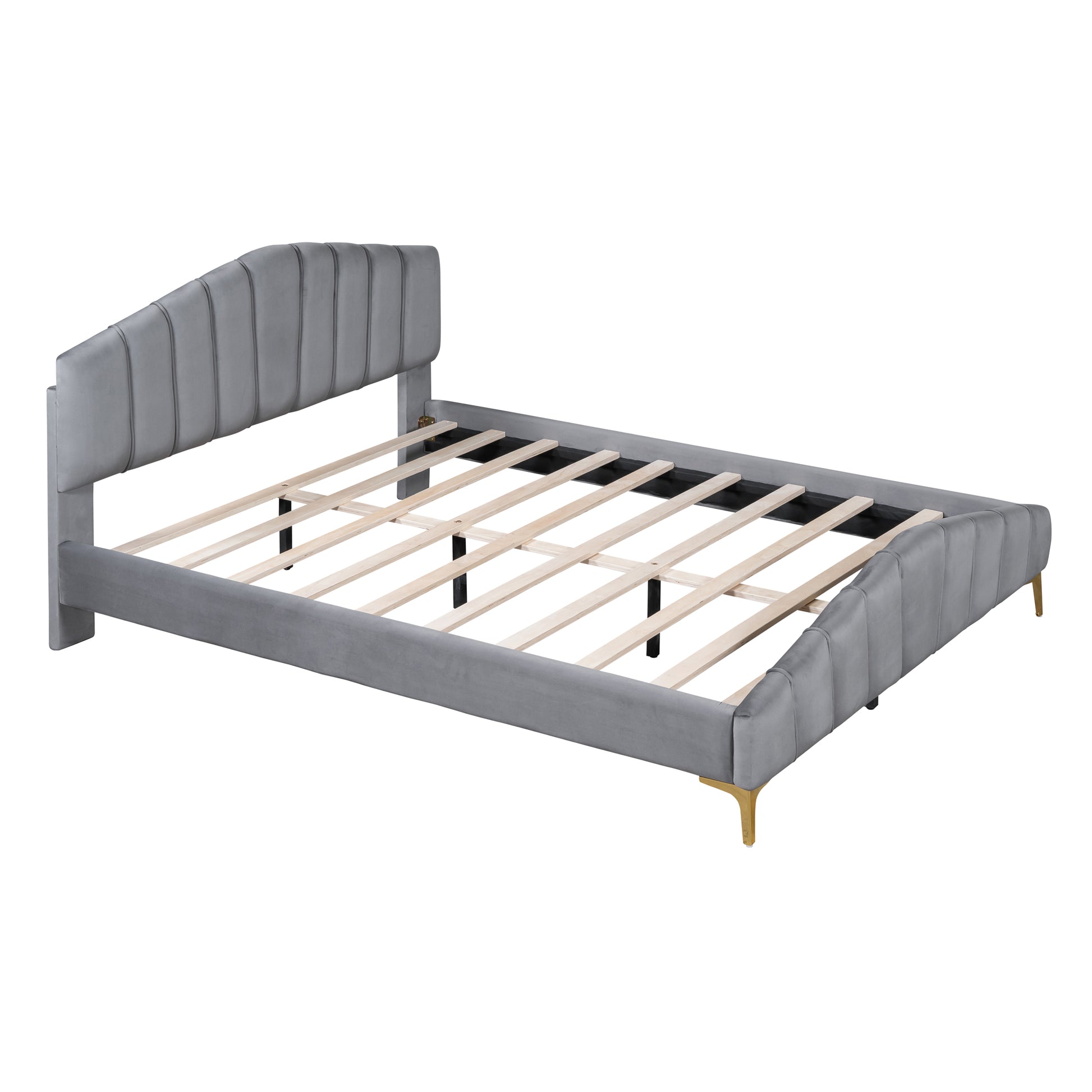 Queen Size Velvet Platform Bed With Thick Fabric, Stylish Stripe Decorated Bedboard And Elegant Metal Bed Leg, Gray Gray Velvet