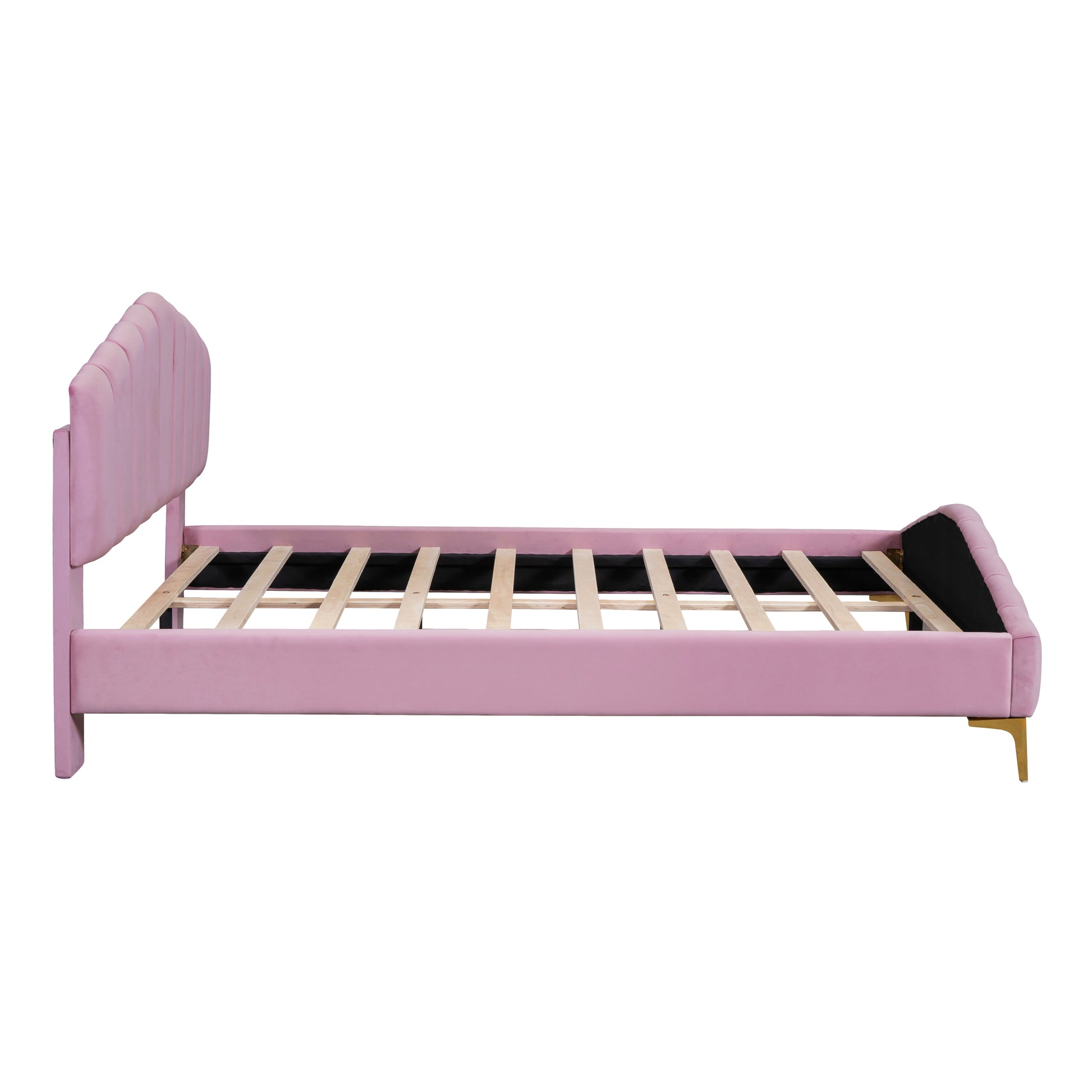 Queen Size Velvet Platform Bed With Thick Fabric, Stylish Stripe Decorated Bedboard And Elegant Metal Bed Leg, Pink Pink Velvet
