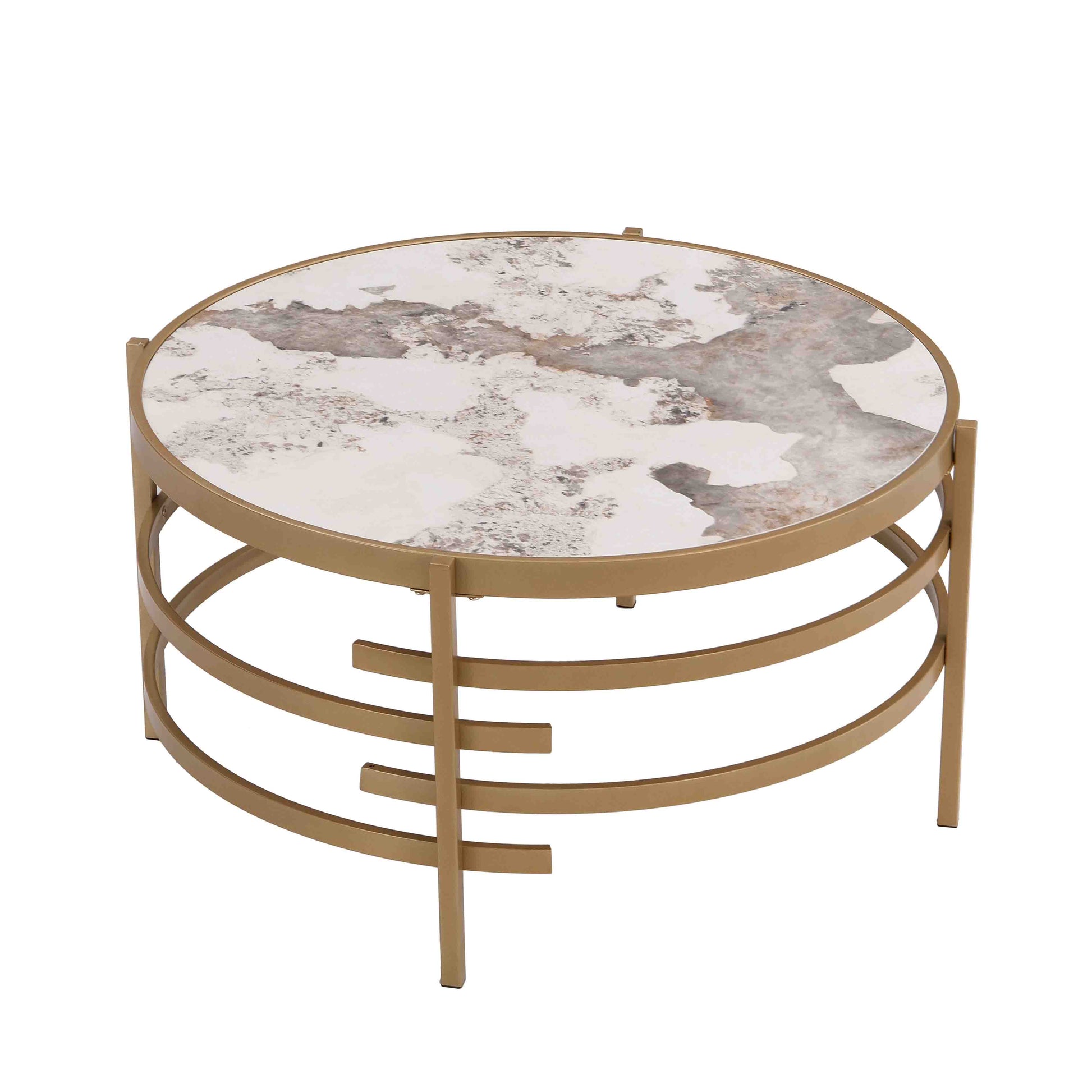 32.48'' Round Coffee Table With Sintered Stone Top&Sturdy Metal Frame, Modern Coffee Table For Living Room, Golden Golden Iron