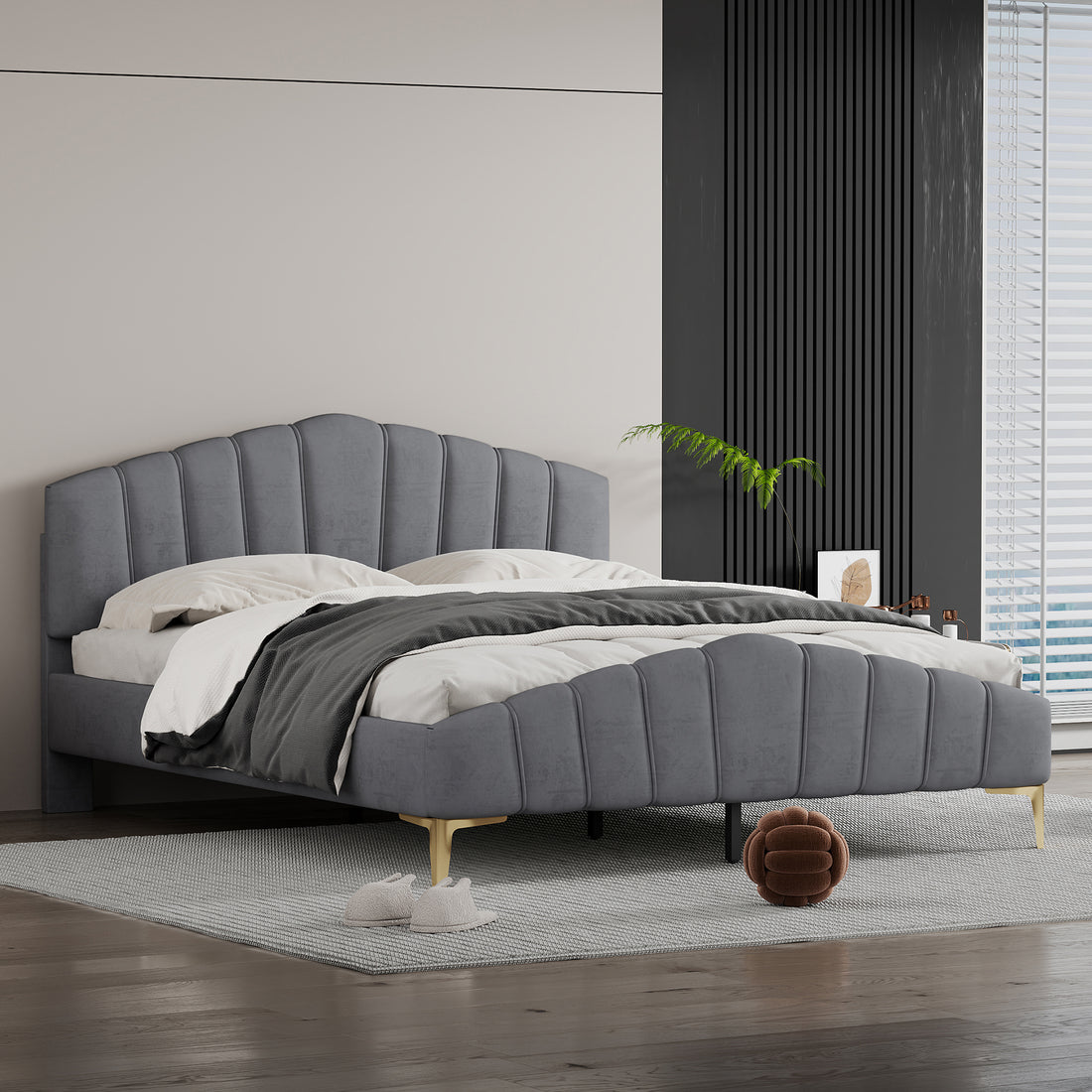 Queen Size Velvet Platform Bed With Thick Fabric, Stylish Stripe Decorated Bedboard And Elegant Metal Bed Leg, Gray Gray Velvet