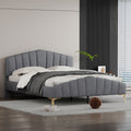 Queen Size Velvet Platform Bed With Thick Fabric, Stylish Stripe Decorated Bedboard And Elegant Metal Bed Leg, Gray Gray Velvet