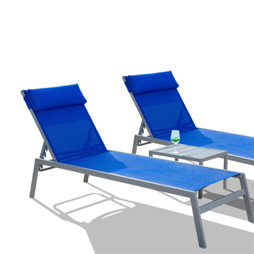Patio Chaise Lounge Set, 3 Pieces Adjustable Backrest Pool Lounge Chairs Steel Textilene Sunbathing Recliner With Headrest Blue.2 Lounge Chairs 1 Table Blue Steel