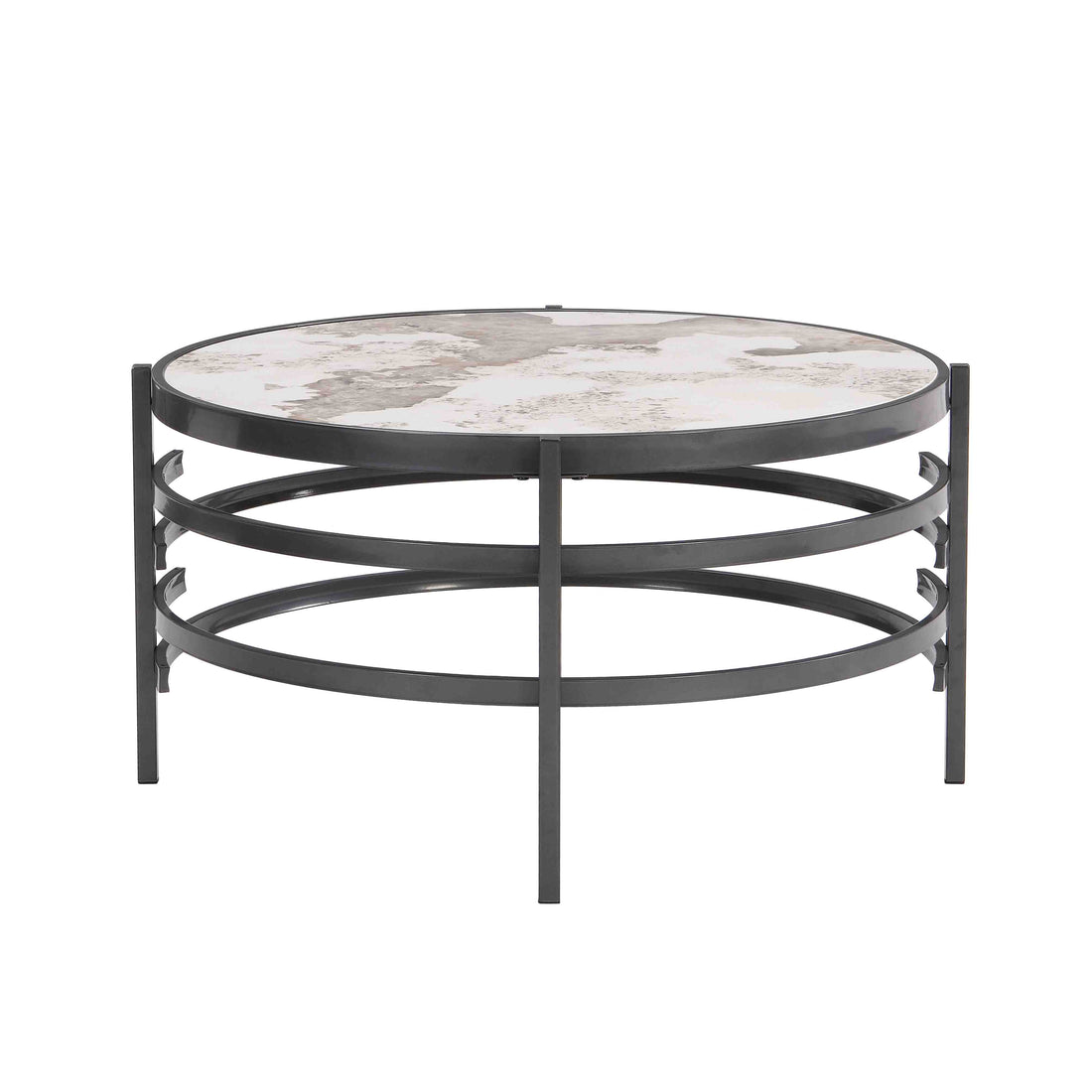 32.48'' Round Coffee Table With Sintered Stone Top&Sturdy Metal Frame, Modern Coffee Table For Living Room, Darker Gray Gray Iron