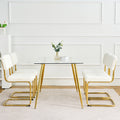 Modern Simple Table And Chair Set, One Table And Four Chairs. Transparent Tempered Glass Top, Gold Plated Legs. Gold Plated Metal Chair Legs Set Of 5 White Gold Dining Room Rectangular Kitchen &