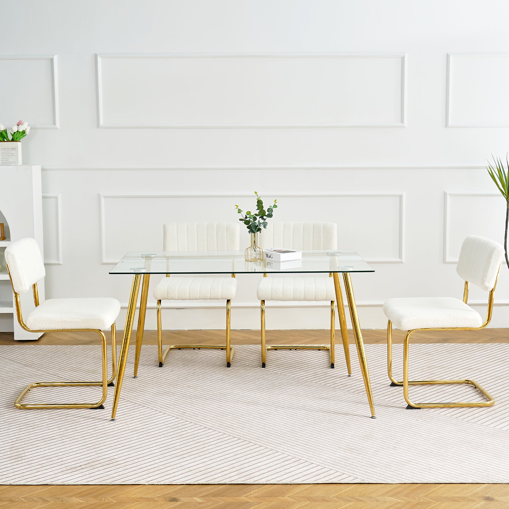 Modern Simple Table And Chair Set, One Table And Four Chairs. Transparent Tempered Glass Top, Gold Plated Legs. Gold Plated Metal Chair Legs Set Of 5 White Gold Dining Room Rectangular Kitchen &