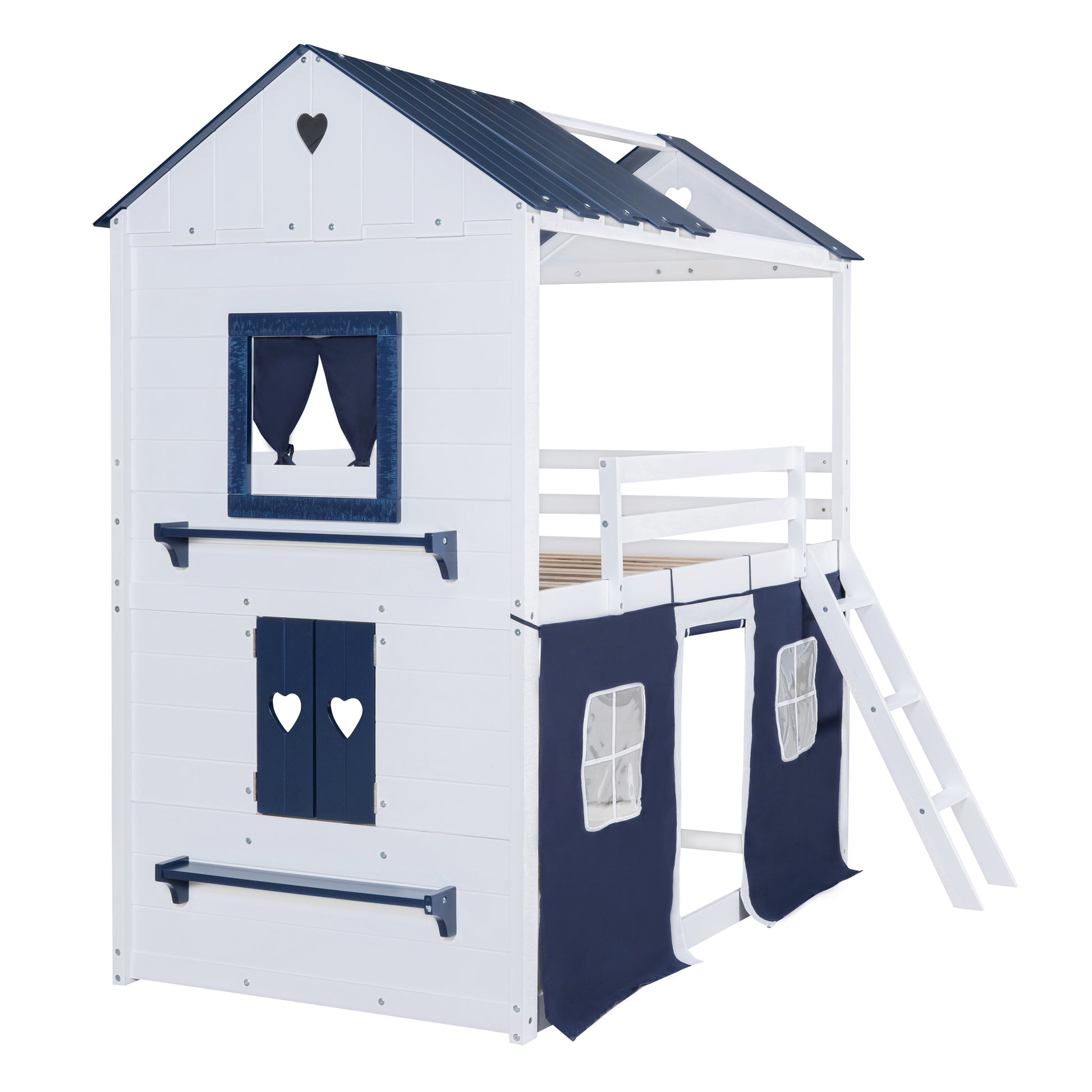 Twin Size Bunk Wood House Bed With Elegant Windows, Sills And Tent, Blue White Twin White Blue Solid Wood Mdf