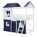 Twin Size Bunk Wood House Bed With Elegant Windows, Sills And Tent, Blue White Twin White Blue Solid Wood Mdf